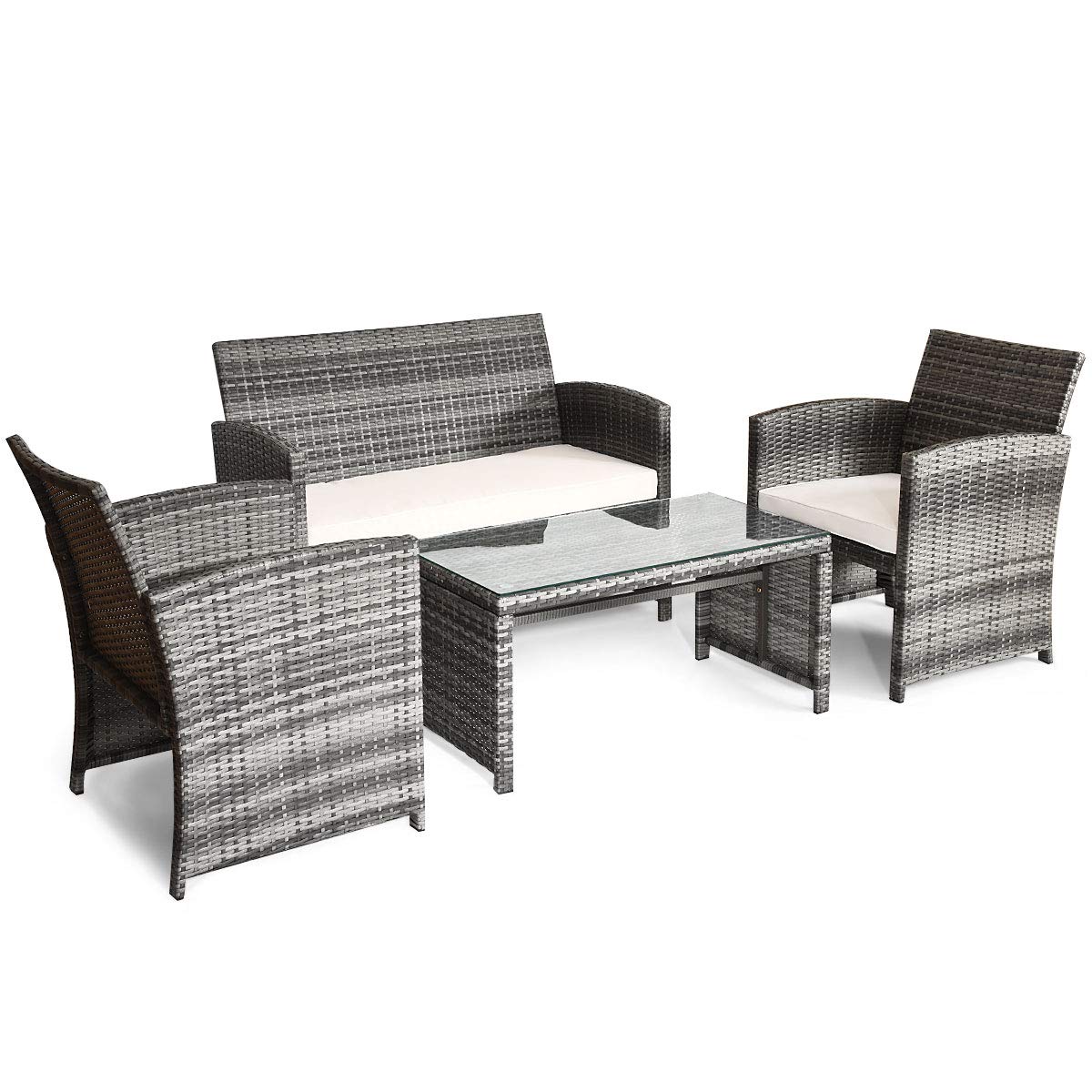 4-Piece Wicker Patio Furniture Set with Rattan Sofa Chairs, Coffee Table & Removable Cushions - Outdoor Conversation Set with Tempered Glass Table for Garden, Lawn, Poolside or Backyard Relaxation