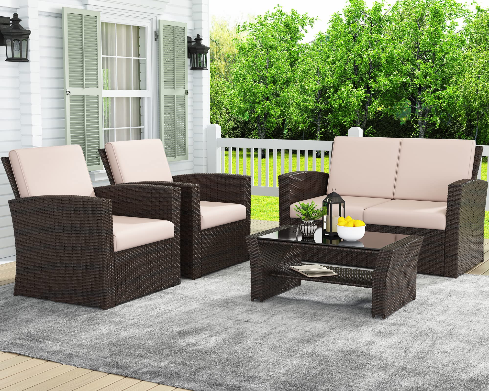 LayinSun 4-Piece Outdoor Patio Furniture Set - All-Weather Wicker Rattan Sofa Chairs with Cushions - Brown Garden Conversation Set for Backyard, Lawn, Poolside & Patio Relaxation