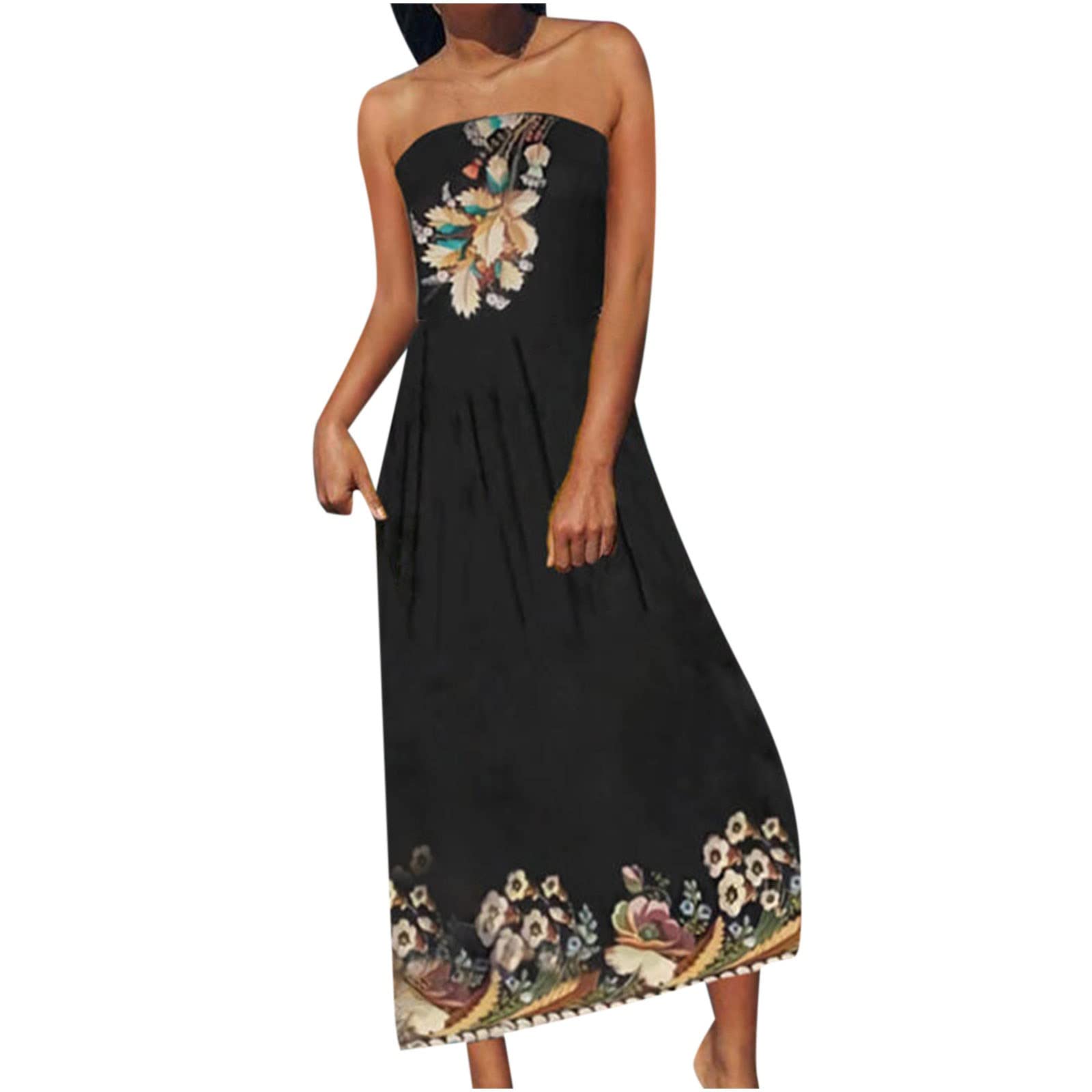 Women's Floral Print Off Shoulder Maxi Dress - Summer Beach Casual Long Dress with Pockets | Perfect for Vacations, Pool Parties & Outdoor Events
