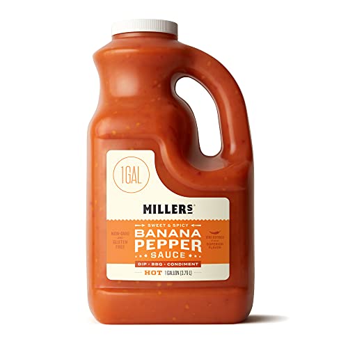 Miller's Banana Pepper Hot Sauce - Sweet & Spicy Red Banana Pepper Sauce, Non-GMO, 1 Gallon - Perfect for Chicken Wings, Burgers, Sandwiches, Tacos & Pizza Topping