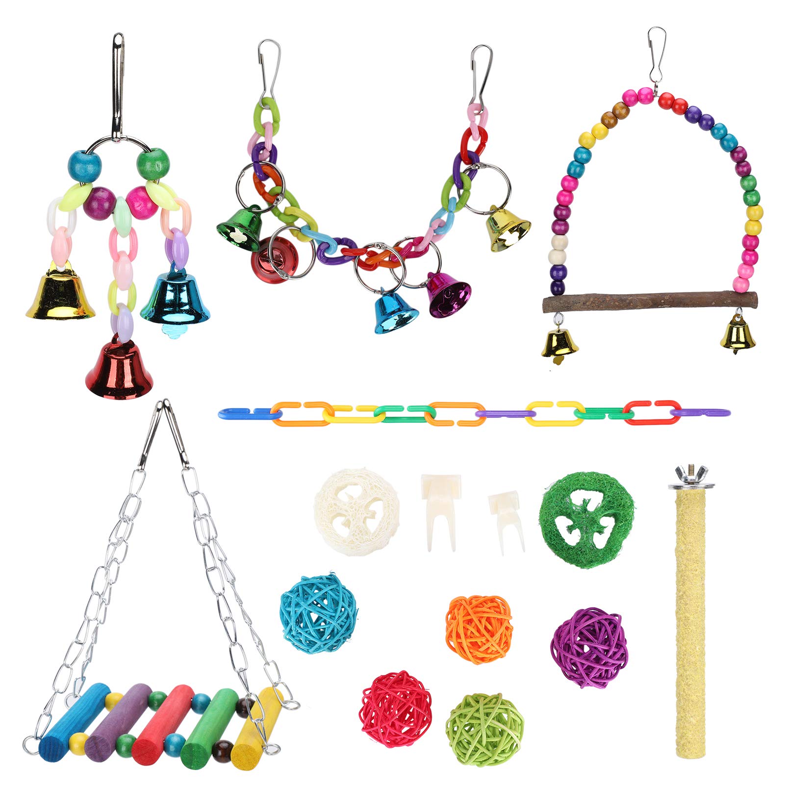 JUnYuKj 15Pcs Parrot Chew Toys Set - Colorful Bird Chewing Toys with Hammock Swing & Bell - Durable Parrot Toys for Small & Medium Birds - Perfect for Cage Play & Mental Stimulation