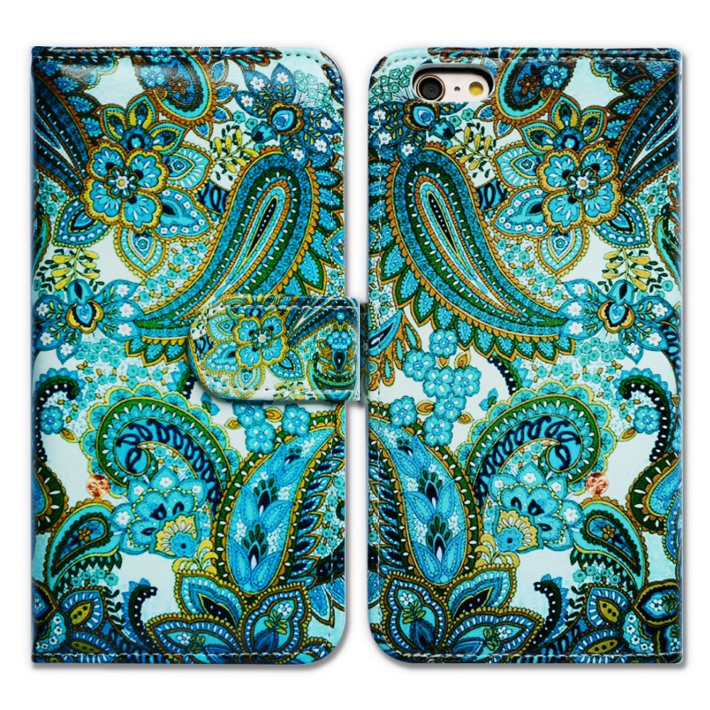 Premium Leather Wallet Case for iPhone 6 Plus/6s Plus - Bcov Green Paisley Design with Card Slots | Stylish Protective Cover for Everyday Use, Business & Travel