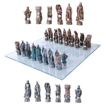 King Arthur Legend Merlin Dragons & Magic Hand-Painted Resin Chess Set with Glass Board - Medieval Fantasy Collector's Game for Home Decor & Gift