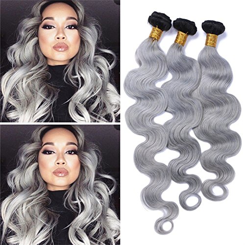Zara Hair Platinum Grey Ombre 3 Bundles Human Hair Extensions - 1B/Grey Two Tone with Dark Roots, Body Wave Brazilian Virgin Hair Weave (26, 28, 30 Inch) for Stunning Balayage & Party Hairstyles