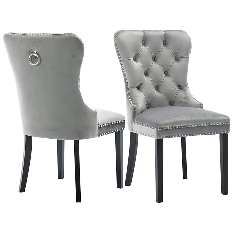 Pemberly Row Modern Velvet Upholstered Tufted Dining Chair Set - Gray Luxury Fabric Dining Room Chairs for Home, Restaurant & Office Use