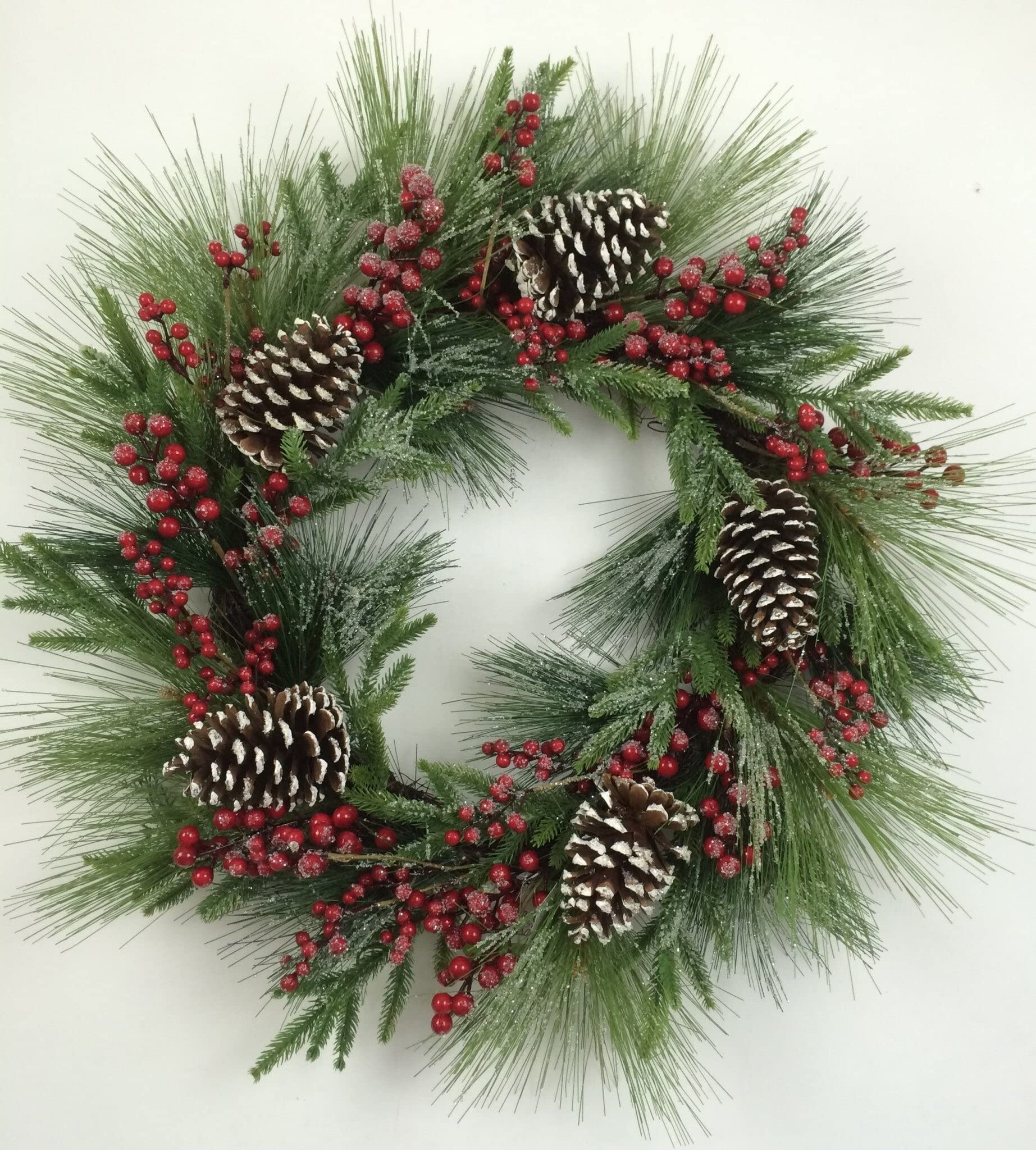 Snowy Pinecones, Berries, and Greens Wreath - Christmas Holiday Decor for Front Door, Mantel, or Wall - Festive Winter Home Decoration