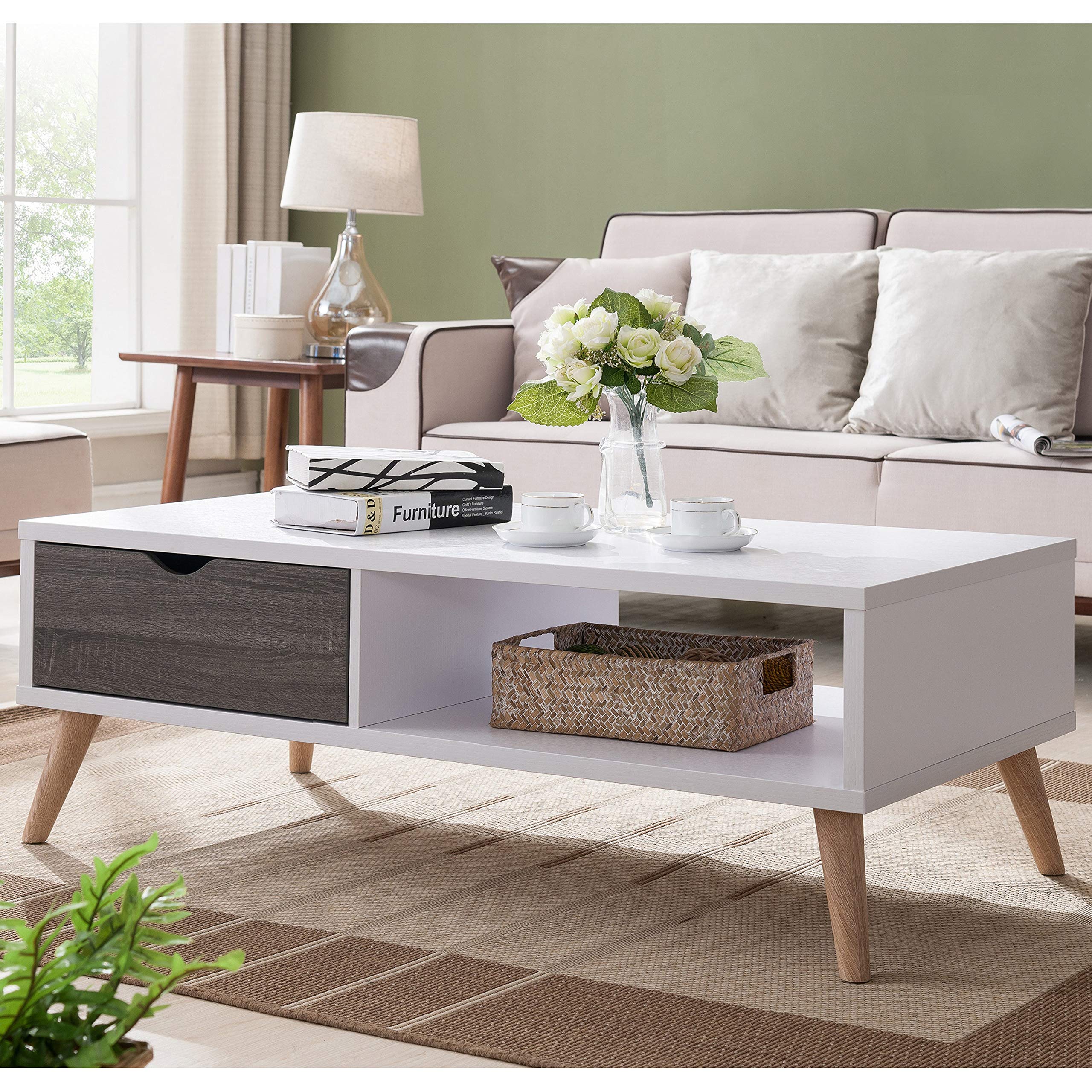 Modern Distressed Grey White Coffee Table - Mid-Century Contemporary Scandinavian Style Rectangle MDF Veneer Wood Finish with Drawers & Shelf - Perfect for Living Room, Lounge, and Office Decor