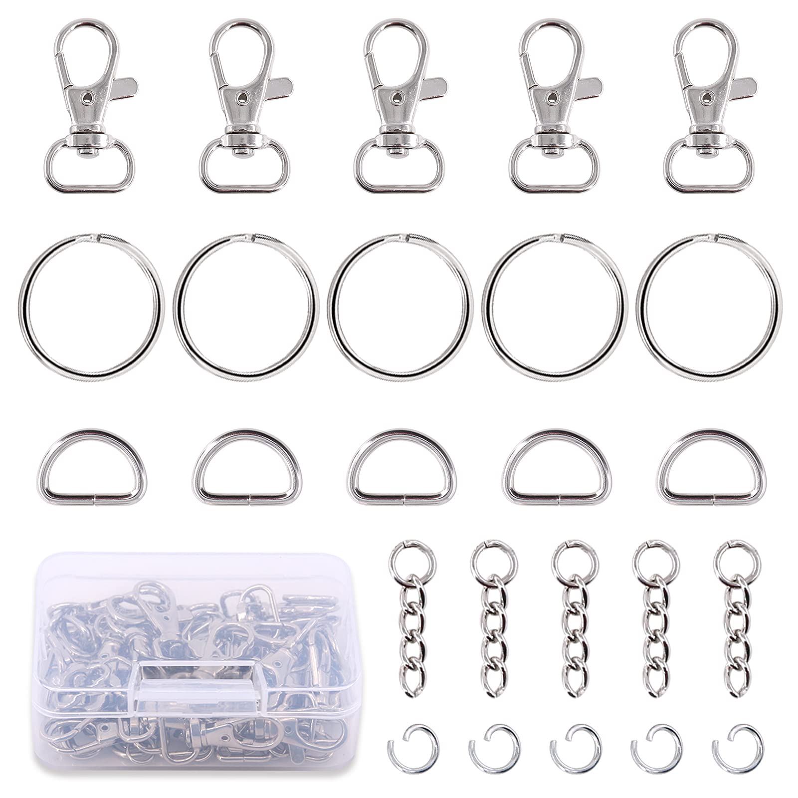 Swpeet 150Pcs Metal Lobster Claw Clasps Hook Kit with Key Chain Hooks, D Rings, Key Rings & Extender Chains - Jewelry Making Supplies for Handbags, Dog Collars, DIY Crafts & Keychains