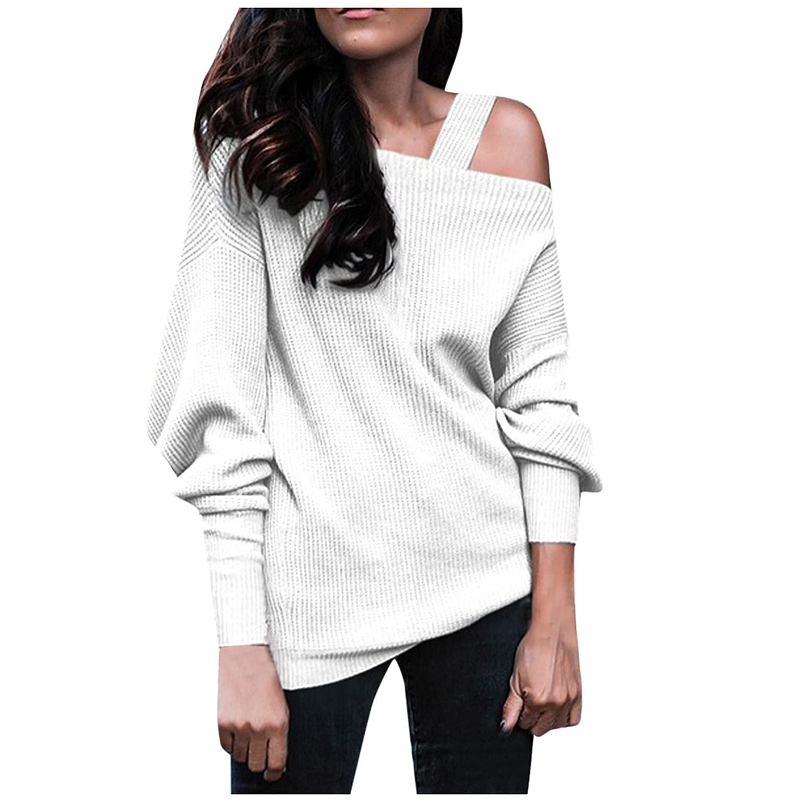 Women's Long Sleeve Knit Sweatshirt - Cold Shoulder Strappy T-Shirt Top with Sexy Hollow Out Crew Neck | White Tunic Blouse for Casual Wear, Date Night & Office Outfits