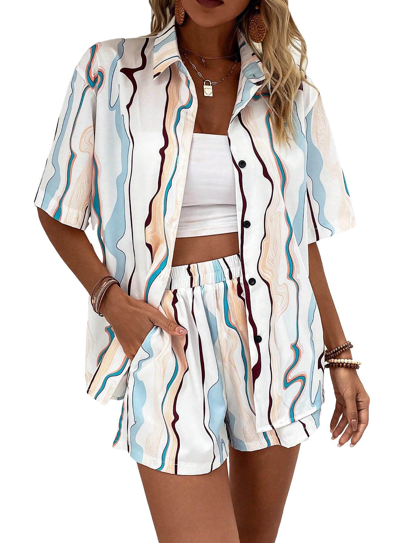 OYOANGLE Women's 2-Piece Summer Outfit - Oversized Scarf Print Open Front Kimono & Shorts Set | Beach Cover Up, Vacation Wear, Boho Chic Outfit