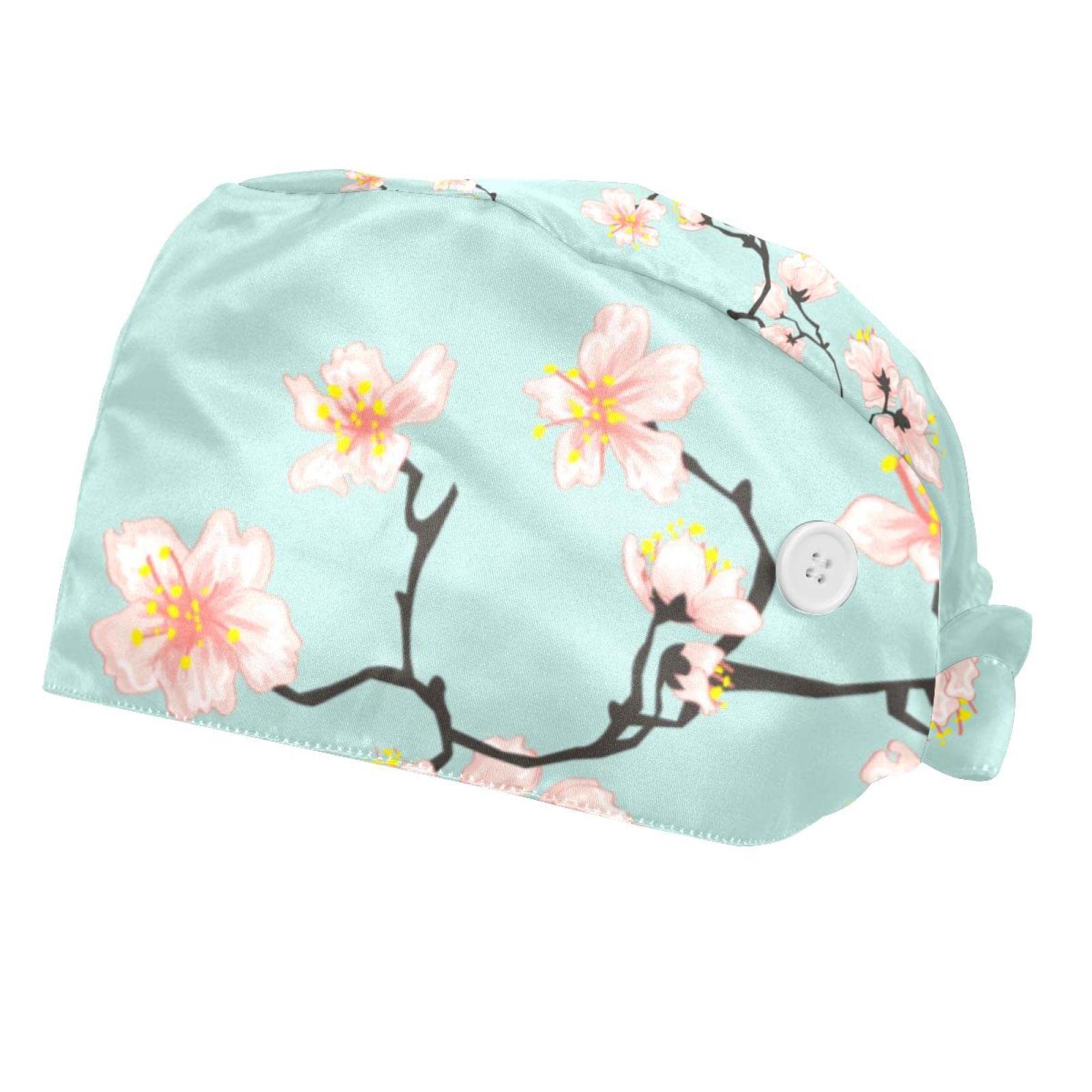 Adjustable Men's & Women's Bouffant Caps with Button - 2 Pack Elastic Tie Back Ponytail Hats for Work - Cherry Blossom Design - Perfect for Food Service, Healthcare & Salon Professionals