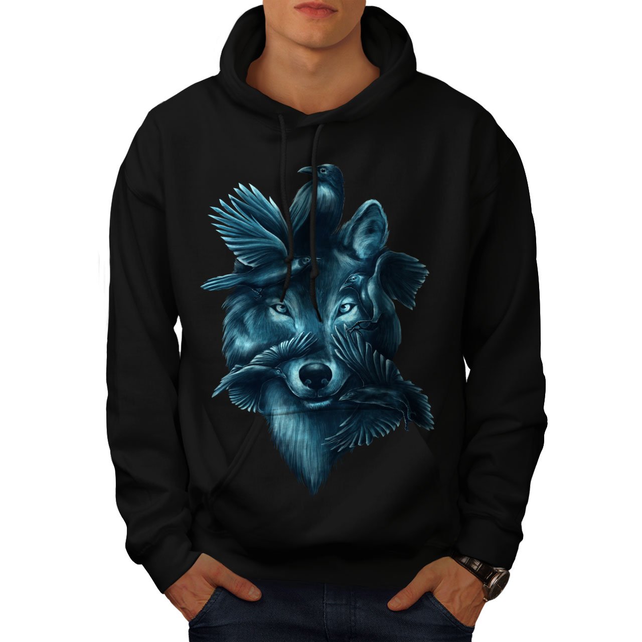Wellcoda Wolf Spirit Ghost Animal Men's Hoodie - Stylish Hooded Sweatshirt for Outdoor Adventures & Casual Wear
