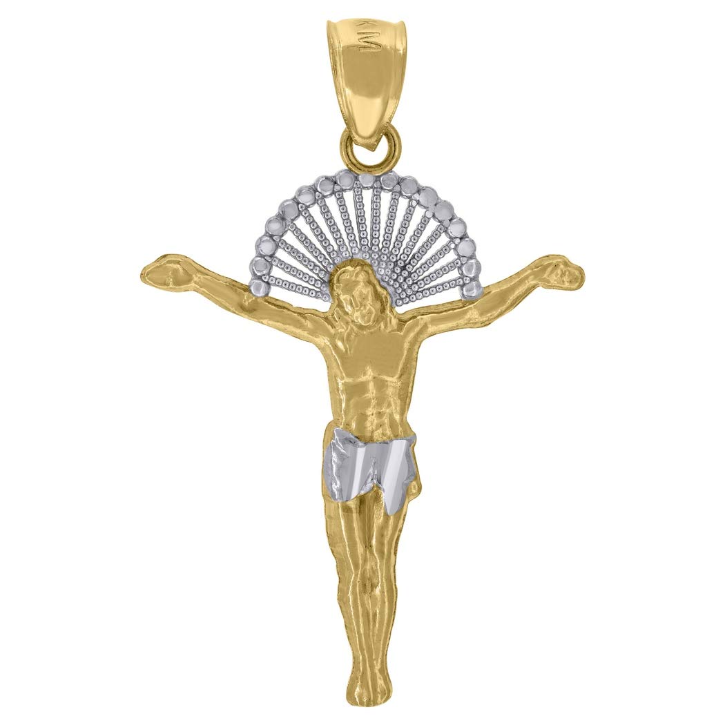 10K Gold Two-Tone Men's Jesus Religious Charm Pendant Necklace - 33mm x 21.6mm Cross Jewelry Gift for Him - Perfect for Baptism, Confirmation & Spiritual Occasions