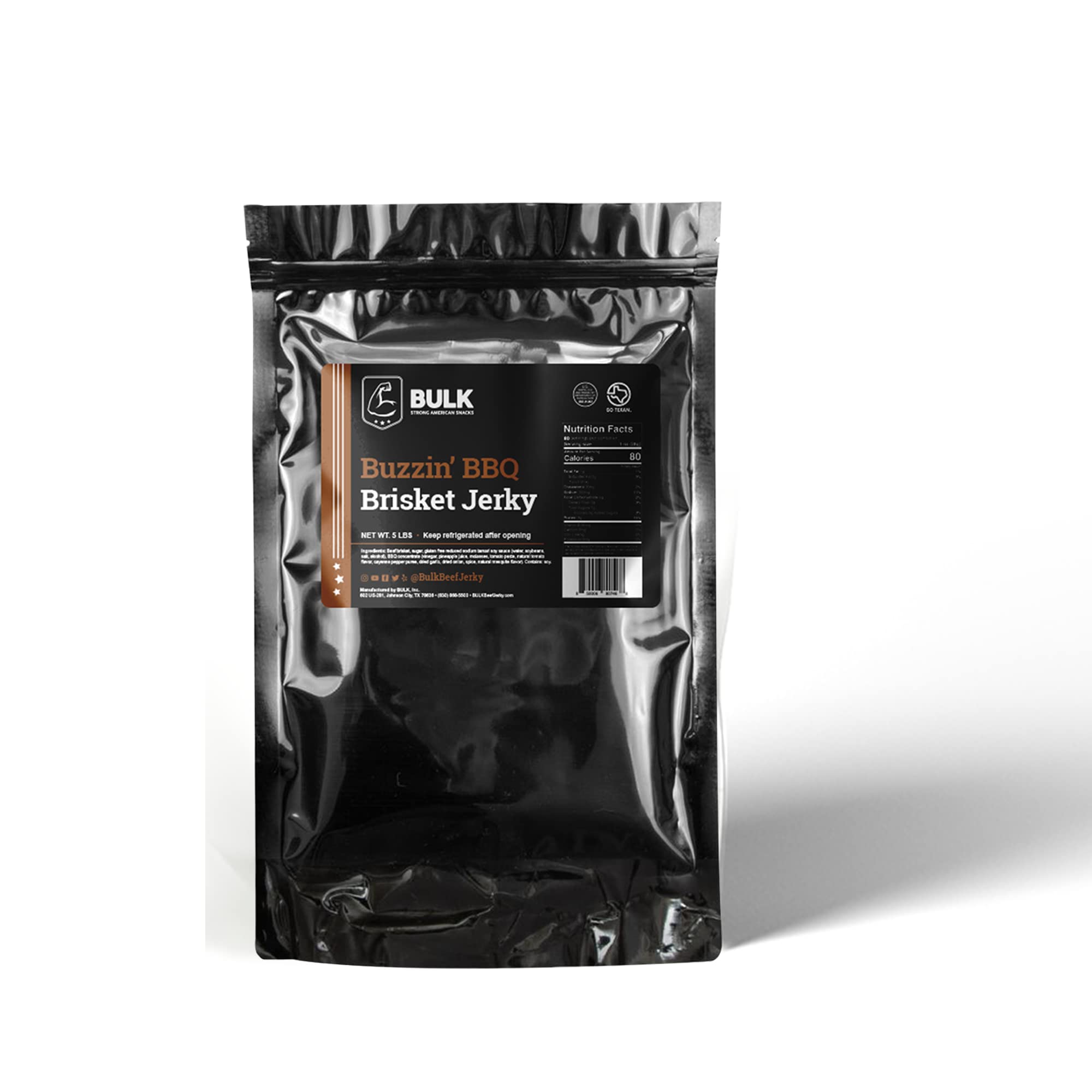 Buzzin BBQ Bulk Brisket Jerky 5lb - Premium Smoked Beef Jerky for Camping, Hiking & Snacking - High Protein Low Carb Keto-Friendly Meat Snacks