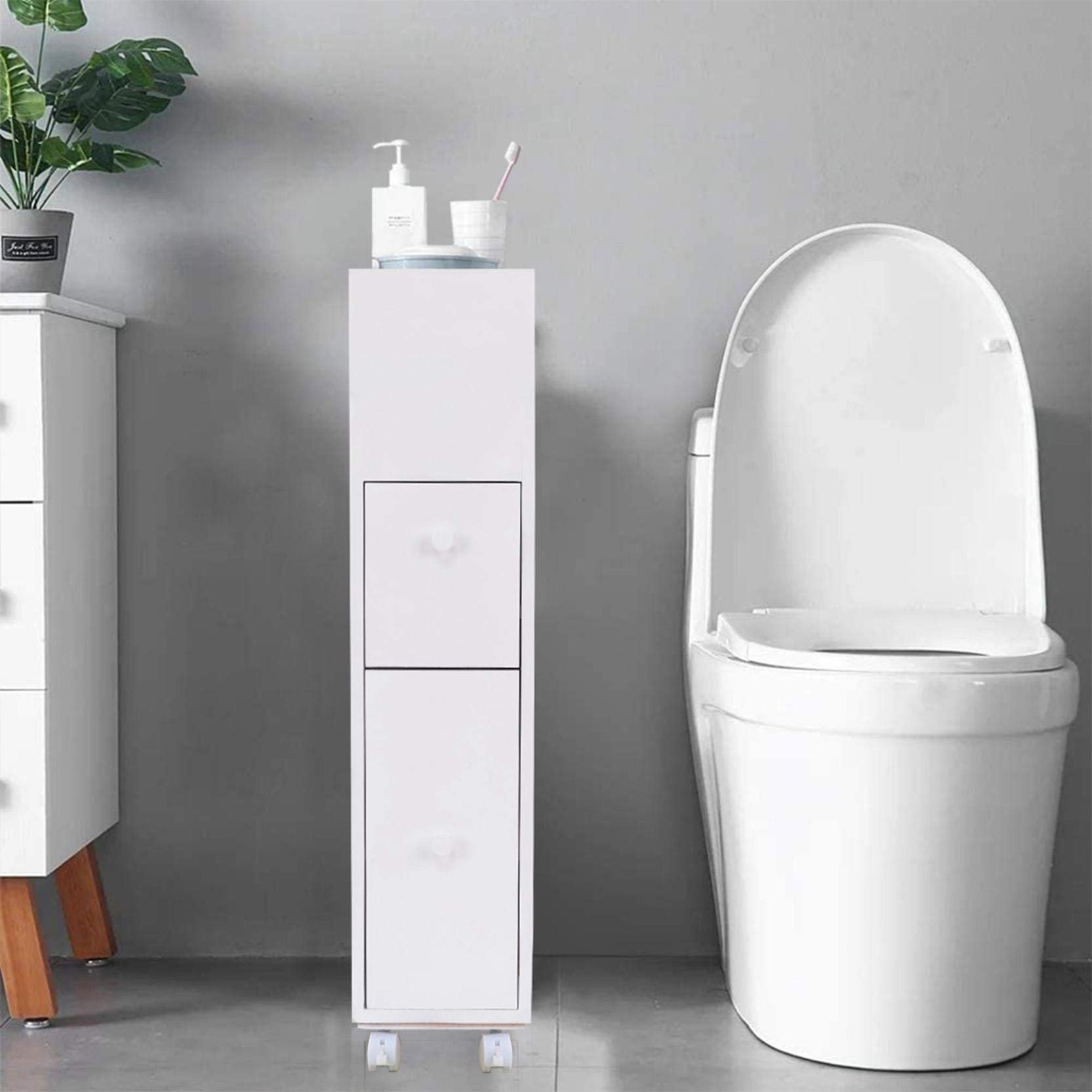 Slim Narrow Bathroom Storage Cabinet with Wheels - Rolling Floor Cabinet with Slide-Out Drawer & Baskets - Free Standing Toilet Paper Holder - White - Perfect for Small Bathrooms, Apartments & Powder Rooms