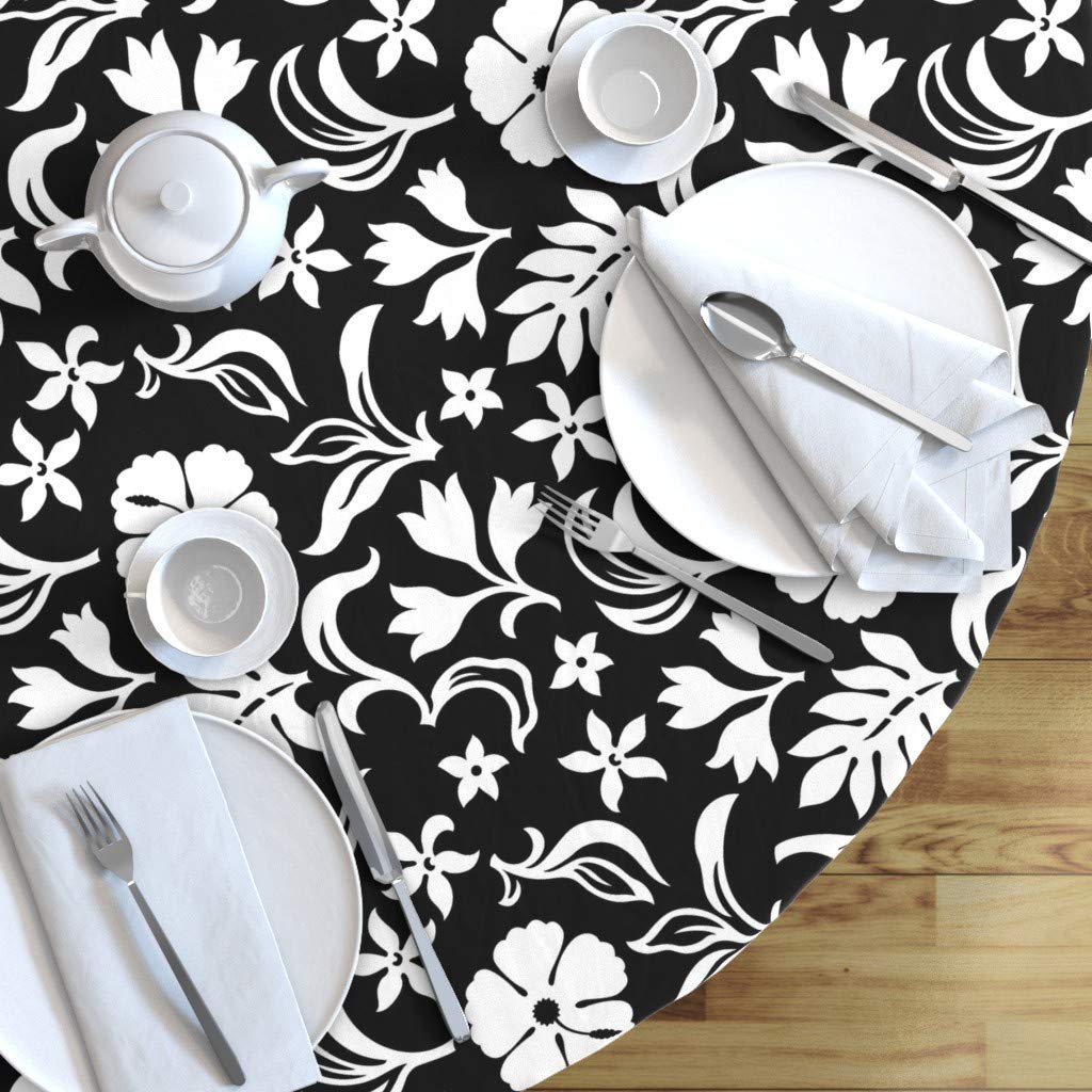 Custom Printed Aloha Flowers Tiki Hawaii Beach Jungle Tropical Black White 19D Cotton Sateen Tablecloth - 90