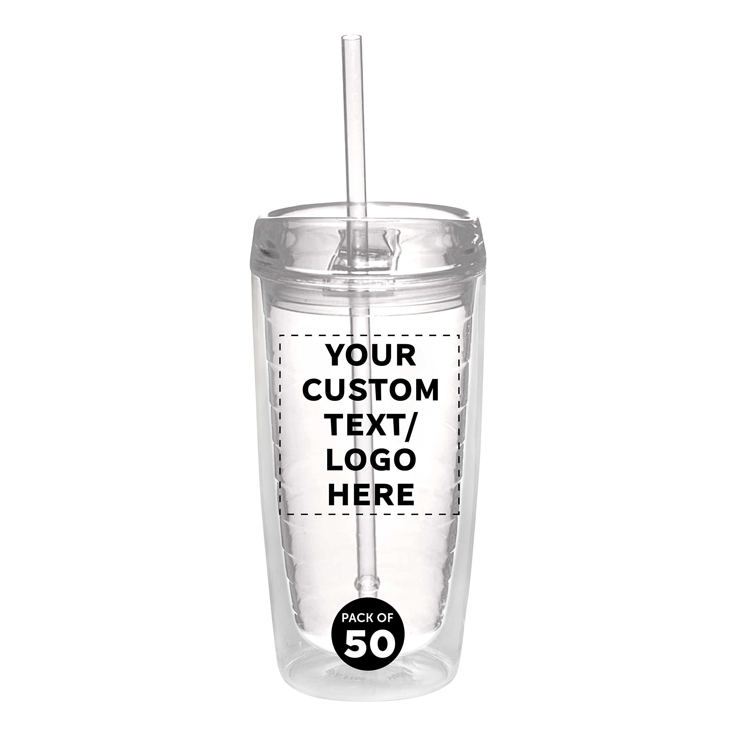 50 Pack Custom Double Wall Acrylic Tumblers 16oz - BPA Free Clear Insulated Cups for Iced Coffee, Soda, Hot & Cold Drinks - Bulk Personalized Drinkware for Restaurants, Cafes, Parties & Events