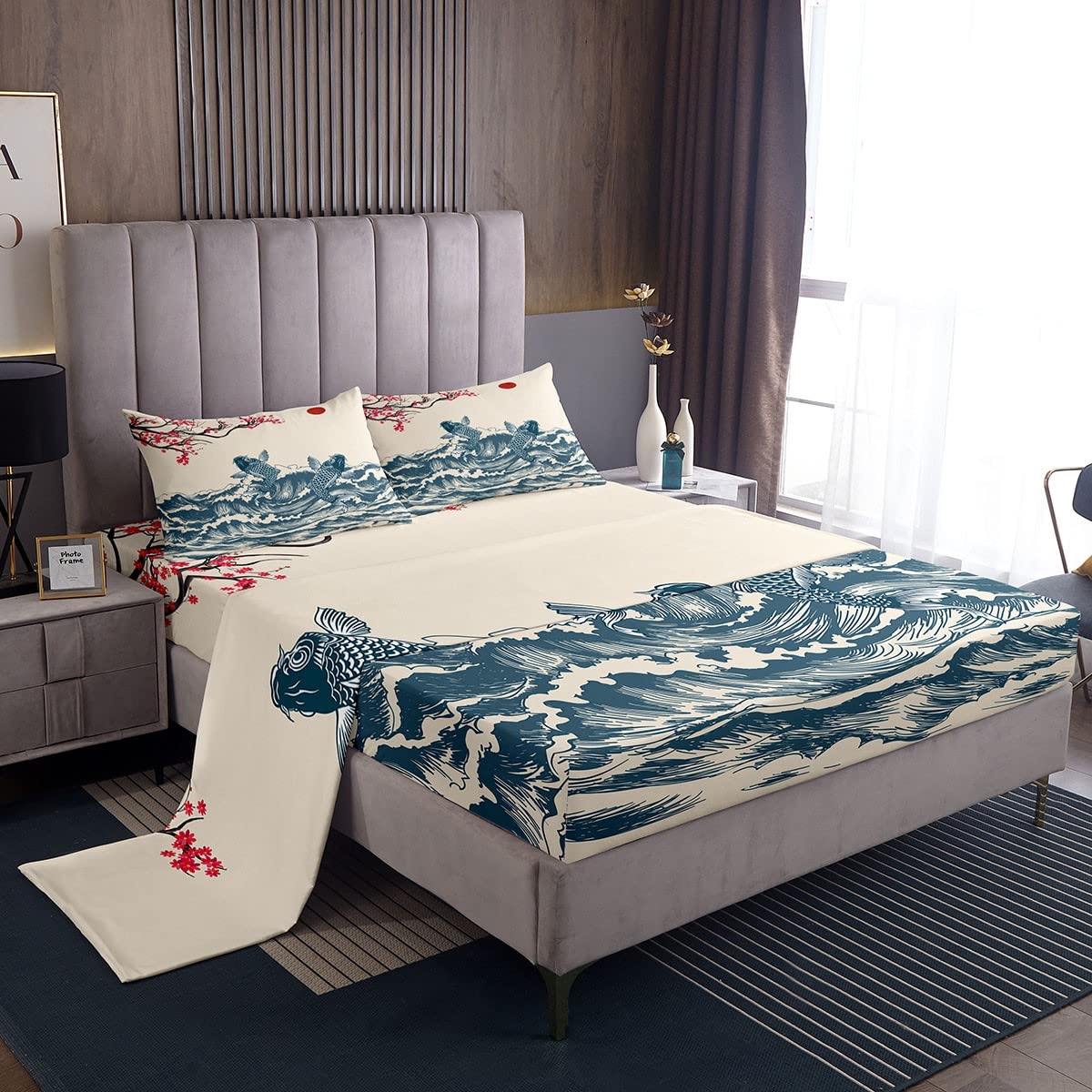 Manfei Waves Queen Size 4-Piece Sheet Set - Koi Cherry Blossom Sunrise Japanese Art Design, Deep Pocket Fitted Sheet + Flat Sheet + 2 Pillowcases, Soft Breathable Bedding for Kids & Teens Bedroom Decor - Perfect for Spring Refresh & Asian-Themed Room Makeover