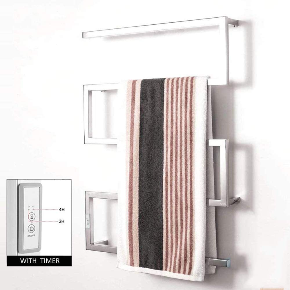 Premium Stainless Steel Electric Towel Warmer - Built-in Timer, Wall Mounted Heated Towel Rail for Bathrooms, Fast Drying & Warming - Perfect for Spa, Luxury Hotels & Home Use (Silver Plug)