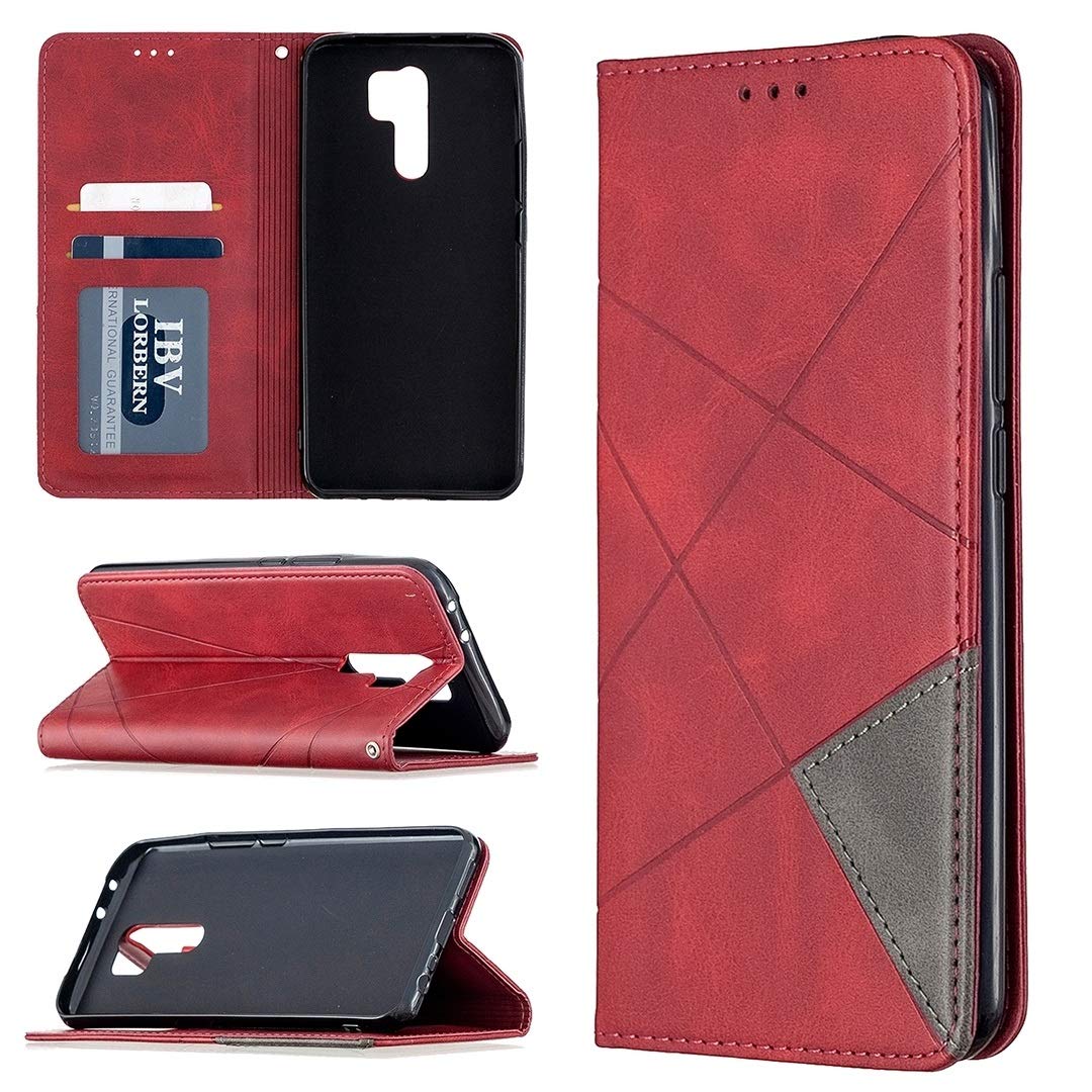 Xiaomi Redmi 9 Magnetic Leather Phone Case - Rhombus Texture Flip Wallet Cover with Card Slots & Stand Holder (Red) | Perfect for Daily Use, Travel & Business Meetings