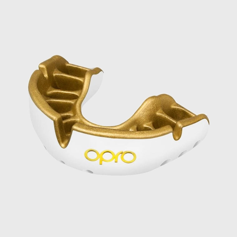 Opro Gold Mouthguard for Sports - White & Gold Dental Protection for Boxing, MMA, Football & Rugby - Comfortable Custom Fit for Athletes