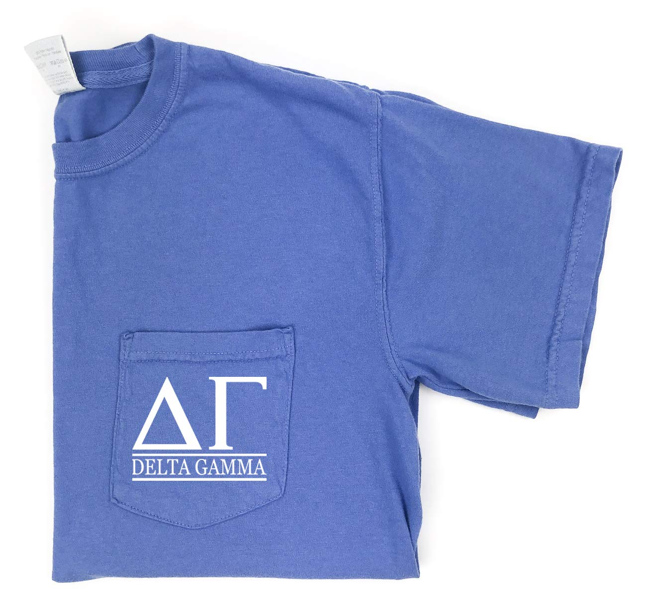 Delta Gamma Block Letters Pocket Tee - Comfortable Sorority Shirt for College, Greek Life & Sisterhood Events - Perfect for Campus Wear, Rush Week & Social Gatherings
