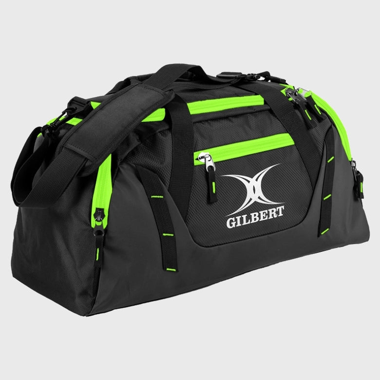 Gilbert Club V4 Rugby Players Holdall Bag - Durable Sports Duffel for Rugby Gear - Black/Fluo Green - Perfect for Training, Matches & Travel