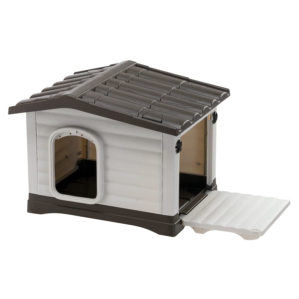 Ferplast Dog Villa XS - Small Dog House for Extra Small Breeds (23Lx17Wx18H Inches) with Ventilation & Fold-Out Porch - Cream & Dark Brown - Perfect for Indoor/Outdoor Use in Backyard, Patio, or Kennel - Model #87252799US1