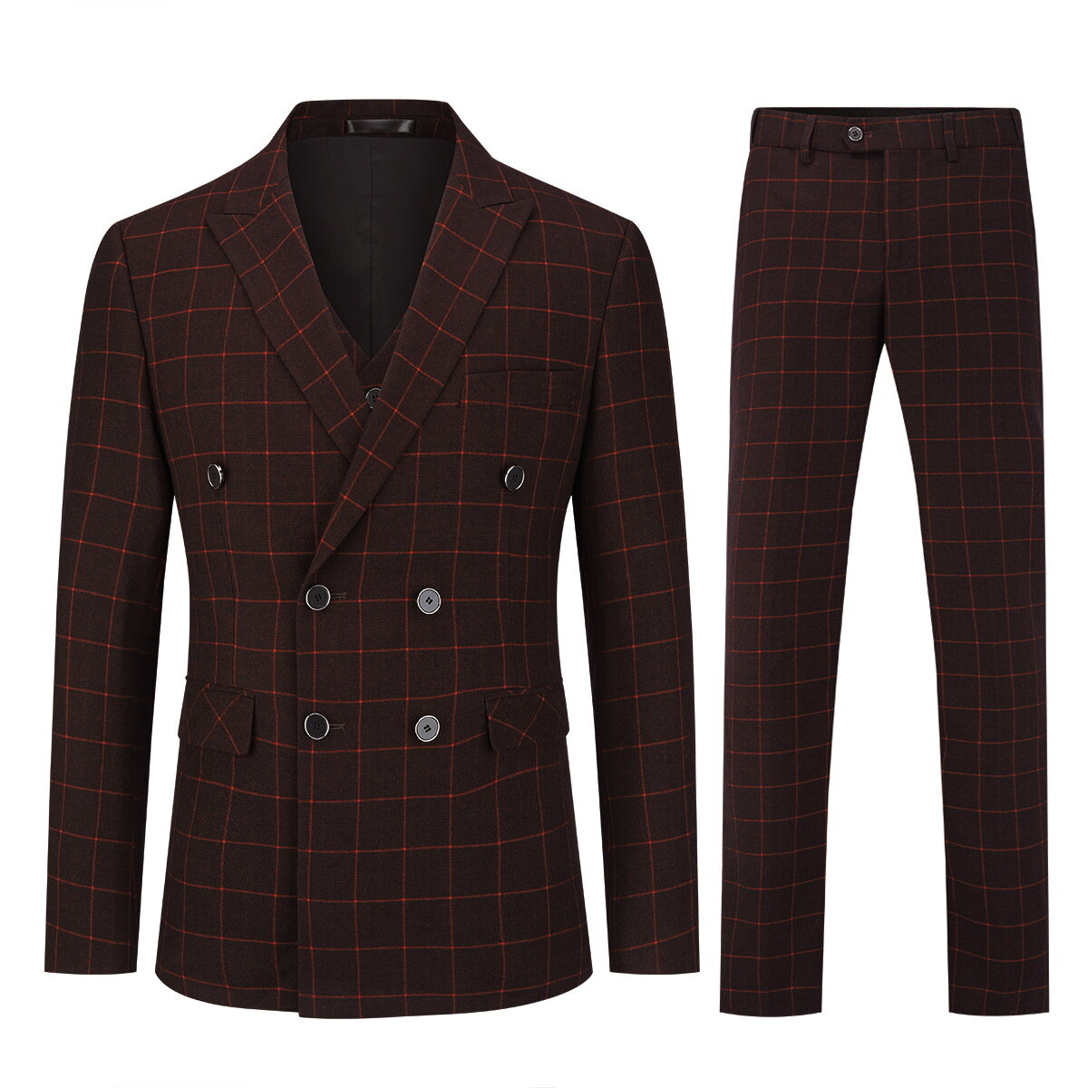 3 Piece Slim Fit Double Breasted Plaid Red Suit for Men - Formal Business Attire, Wedding, Office & Special Occasions