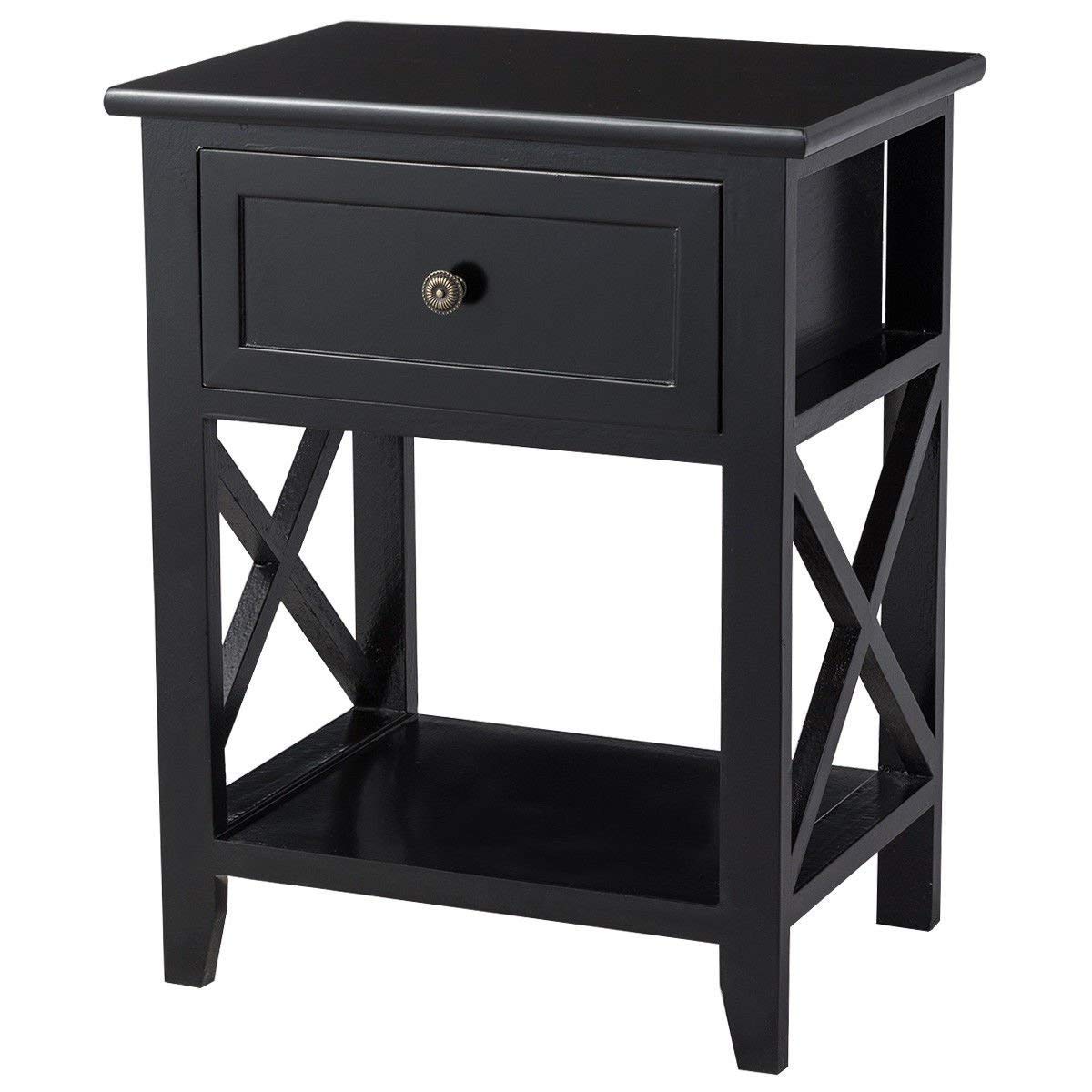 Giantex Wooden Nightstand with Drawer & Open Shelf - Sturdy X-Shape Frame, Black Bedside Table for Bedroom - Perfect for Storing Books, Lamps & Bedroom Essentials