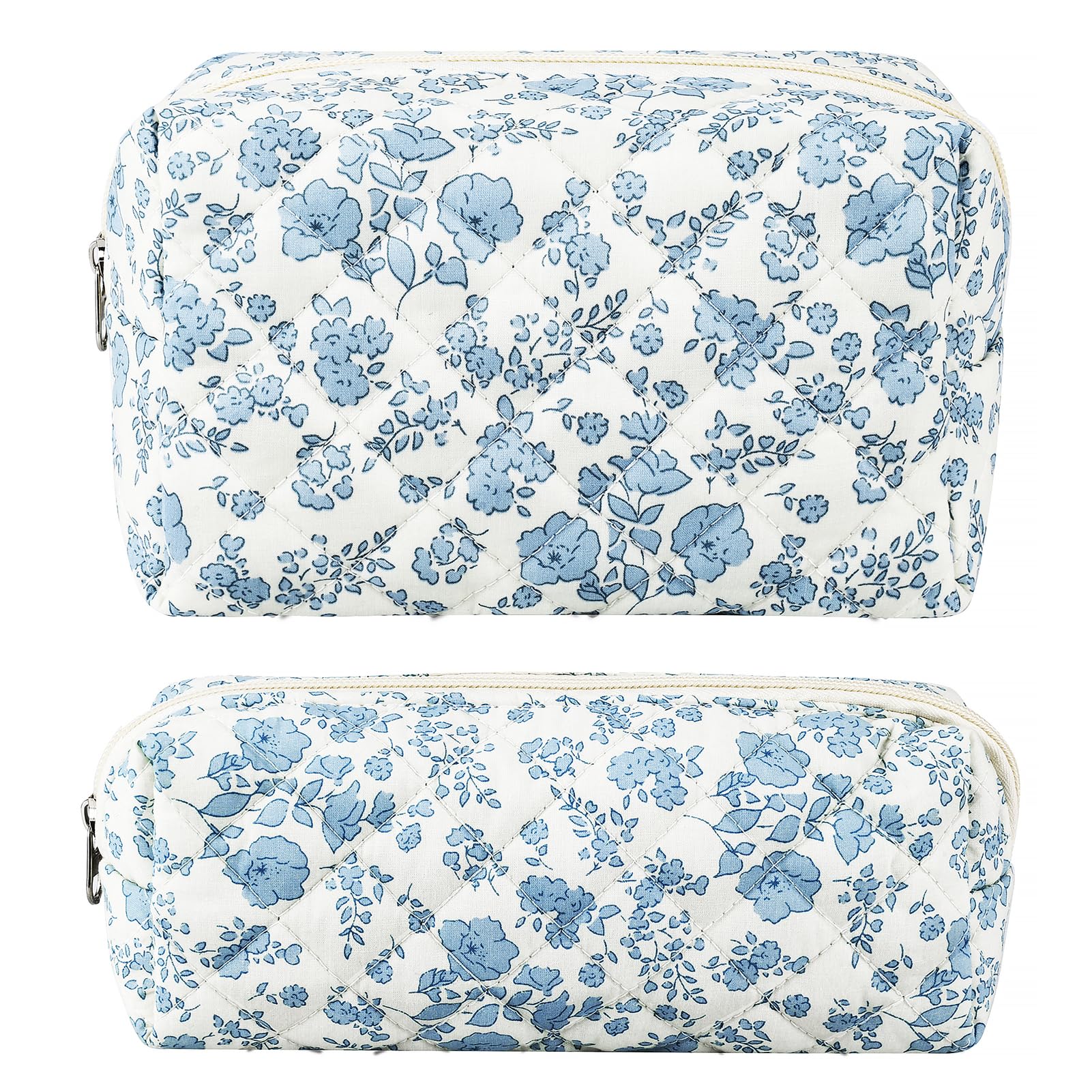 2Pcs Floral Makeup Bags for Women - Cotton Quilted Small Cosmetic Pouch with Zipper, Cute Blue Flower Design, Aesthetic Travel Toiletry Bag for Skincare & Pencil Storage | Perfect for Daily Use, Travel & Gift Giving