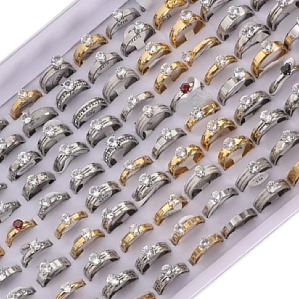 Bulk Wholesale Silver Rings for Women - 100 Pack Mixed Wedding Bands, Statement Rings & Clear Zircon Rings | Stainless Steel & Titanium Rings Set for Everyday Wear, Parties & Gifts