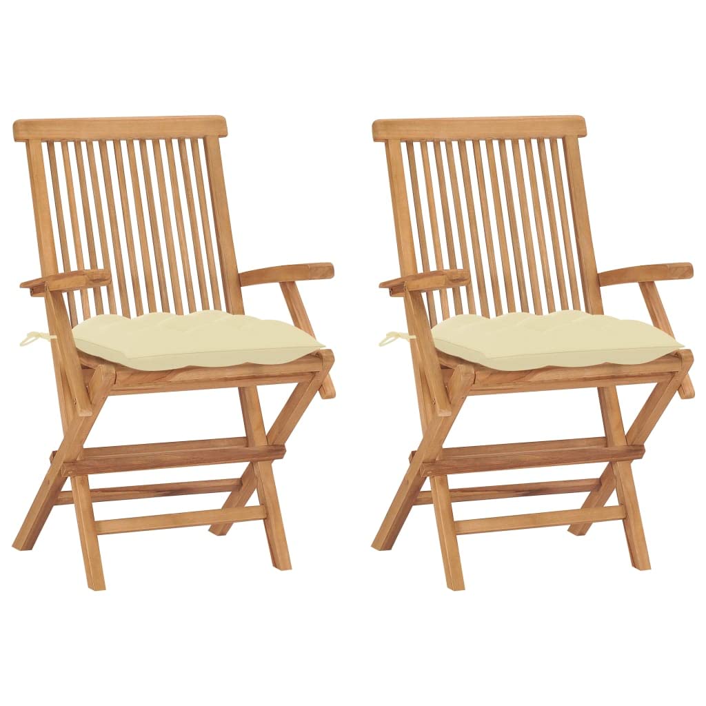 CHARMMA 2-Piece Patio Chairs Set with Cream White Cushions - Solid Teak Wood Outdoor Furniture (16.7KG) - Perfect for Garden, Poolside & Backyard Relaxation
