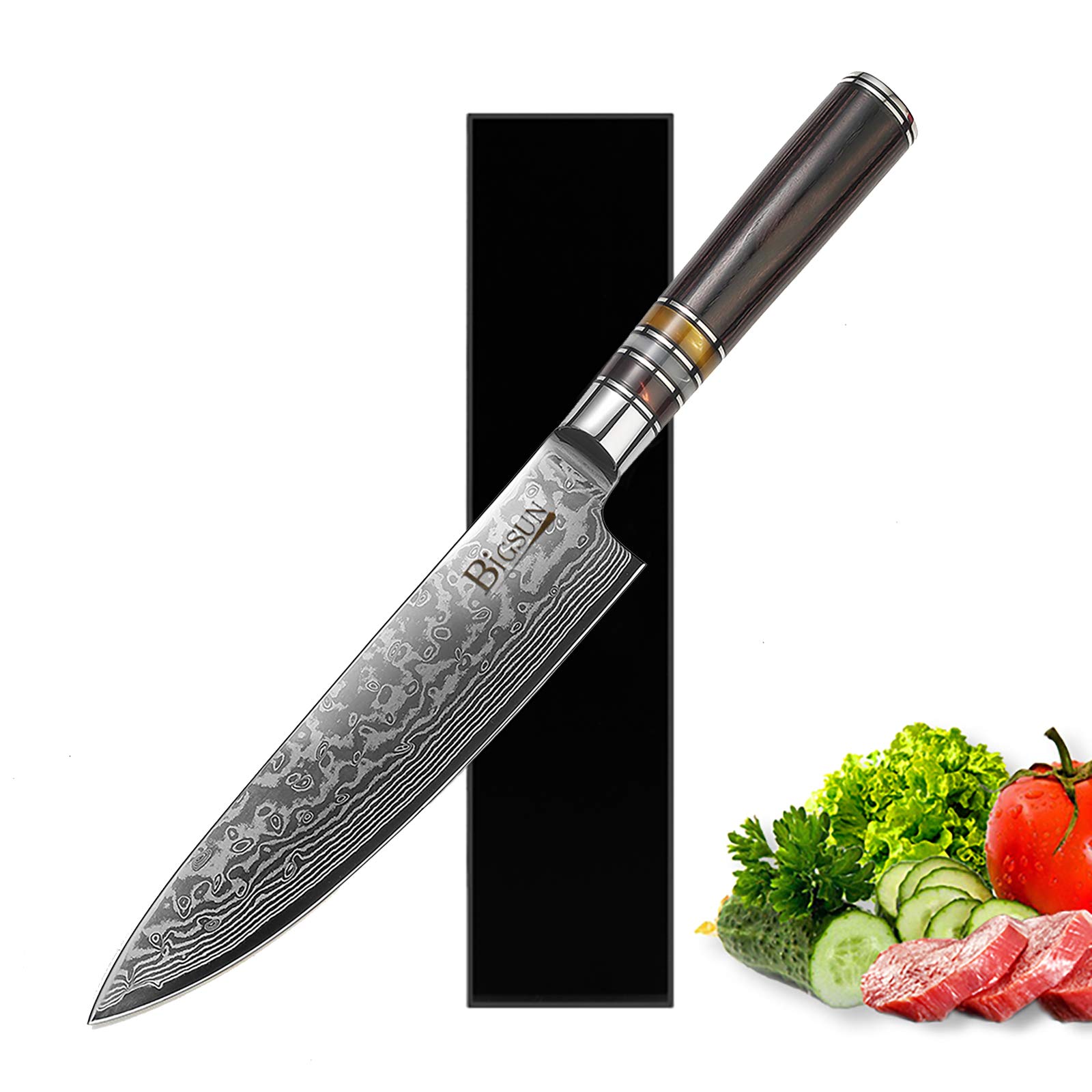 Bigsun 8 Inch Chef Gyutou Knife - 67 Layer VG-10 Forged High Carbon Damascus Steel Kitchen Knife with Resin Honeycomb Handle - Professional Japanese Cooking Knife for Slicing, Dicing & Chopping - Perfect for Home Chefs & Culinary Enthusiasts