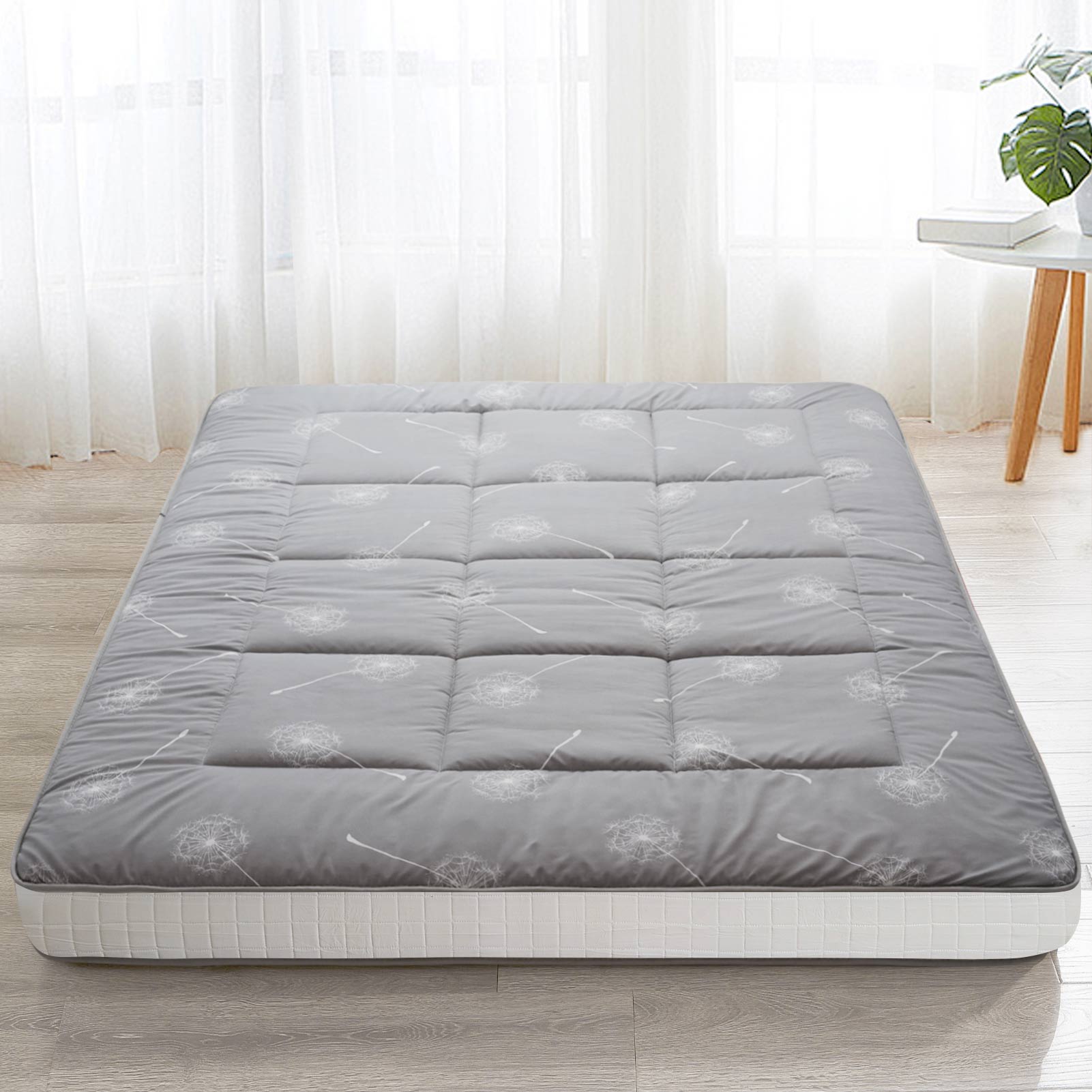 MAXYOYO Japanese Floor Futon Mattress - Grey Dandelion Pattern, Foldable Sleeping Mat for Guest Bed, Meditation & Small Space Living