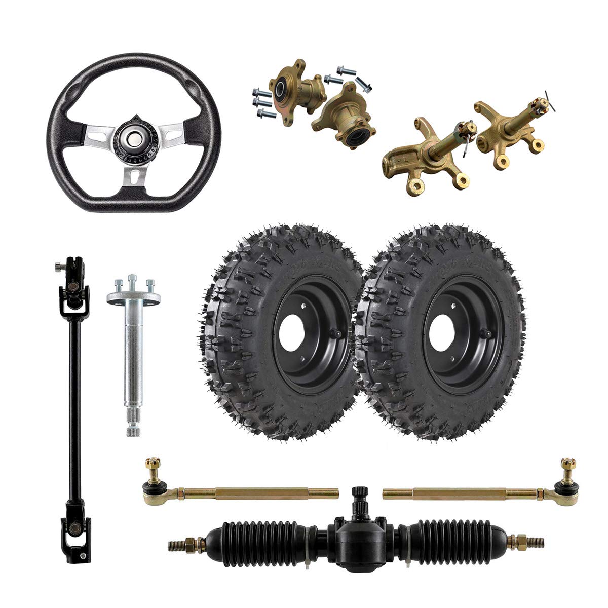 4.10-6 Tubeless Tires with Steering Wheel Assembly, Adjustable Tie Rod Rack & Front Wheel Hubs Kit for 110cc-125cc Go Kart & Dirt Bike - Perfect for Off-Road Racing & Backyard Fun