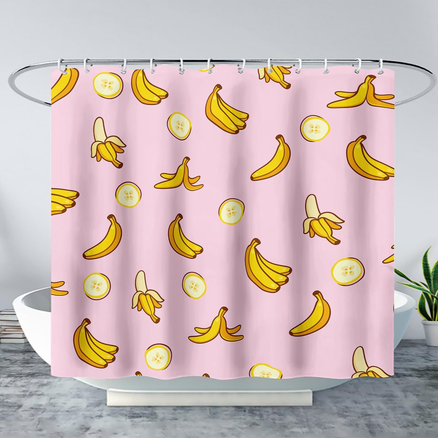 Cartoon Banana Shower Curtain for Kids - 72x72 Inch Waterproof Bathroom Curtain with Fun Fruit Design, Pink Fabric Shower Liner - Perfect for Girls' Bathroom Decor & Tropical Themed Showers