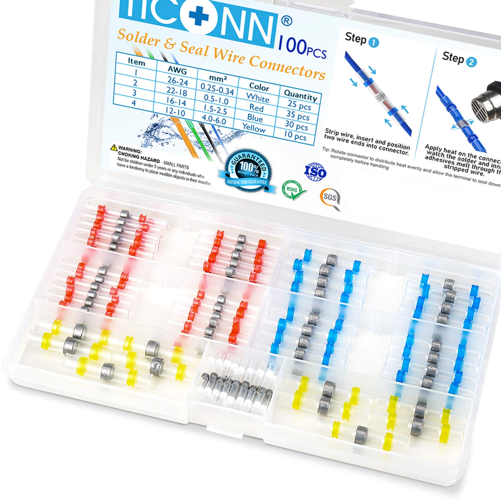 TICONN 100PCS Waterproof Heat Shrink Solder Seal Wire Connectors - Insulated Electrical Butt Splice Terminals for Automotive, Marine & Home Wiring (100PCS) - Perfect for DIY Electrical Repairs, Boat Wiring & Outdoor Lighting Projects