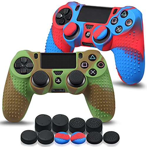 2 Pack Anti-Slip Silicone Cover for Sony PS4 DualSense Wireless Controller - Soft Rubber Skin with 10 Pro Thumb Grip Caps (Camo Green Brown & Red Blue) - Perfect for Gaming, Protection & Enhanced Grip During Long Play Sessions