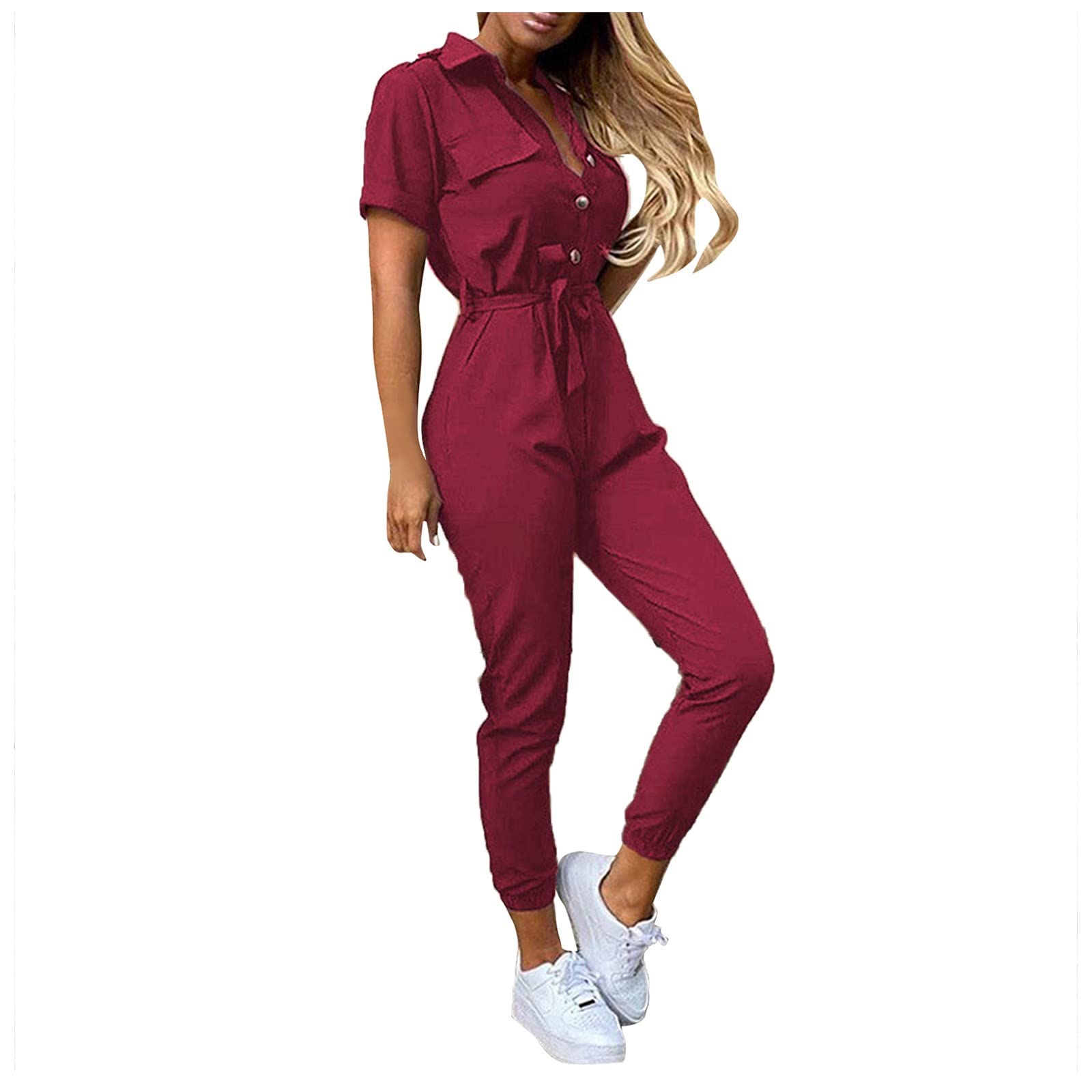 UODSVP Women's Shorts Jumpsuit - Summer Casual Romper with Lapel Neckline, Lace-Up Detail & Printed Belt | Short Sleeve Workwear Jumpsuit for Office, Outdoor & Urban Fashion | Perfect for Summer Outings, Beach Vacations & Casual Work Wear