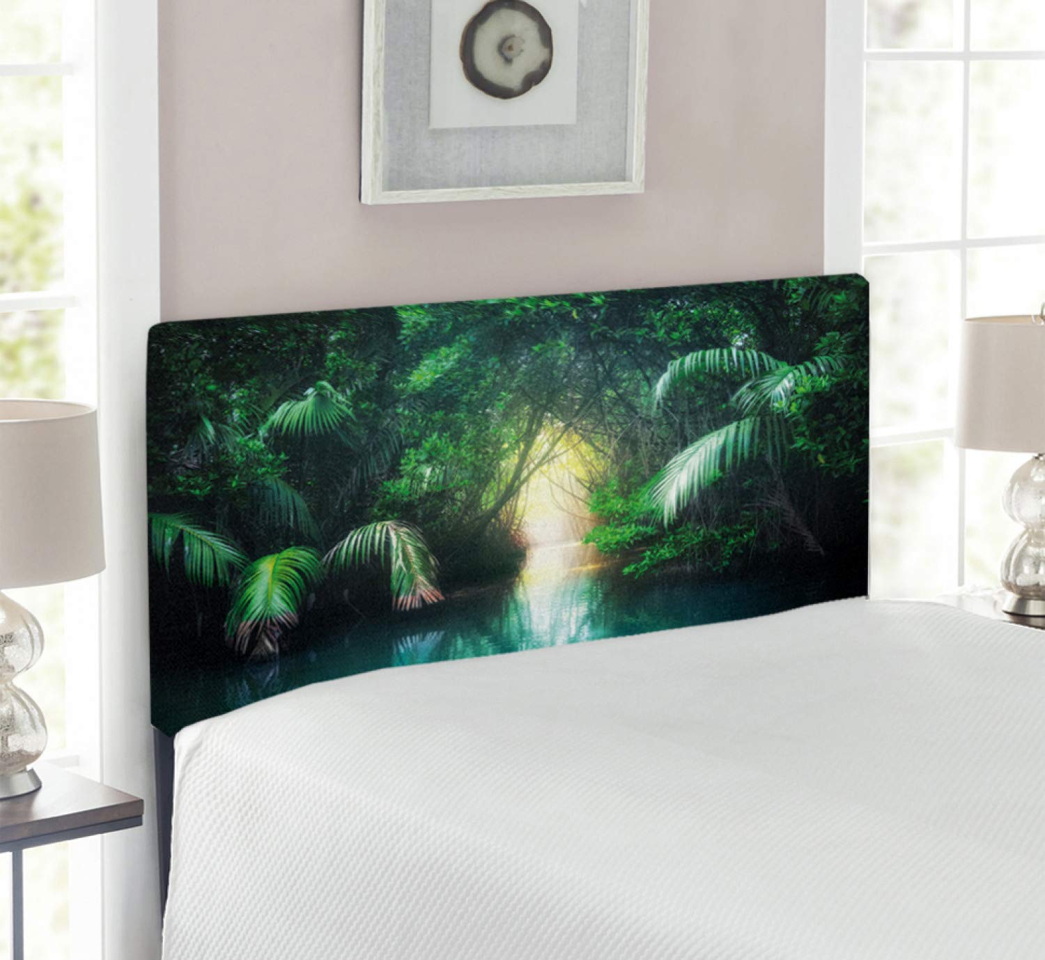 Ambesonne Tropical Jungle Headboard - Upholstered Metal Bed Frame with Memory Foam | Twin Size Green Teal | Sri Lanka Inspired Rainforest Design | Perfect for Bedroom Decor, Guest Rooms & Vacation Homes