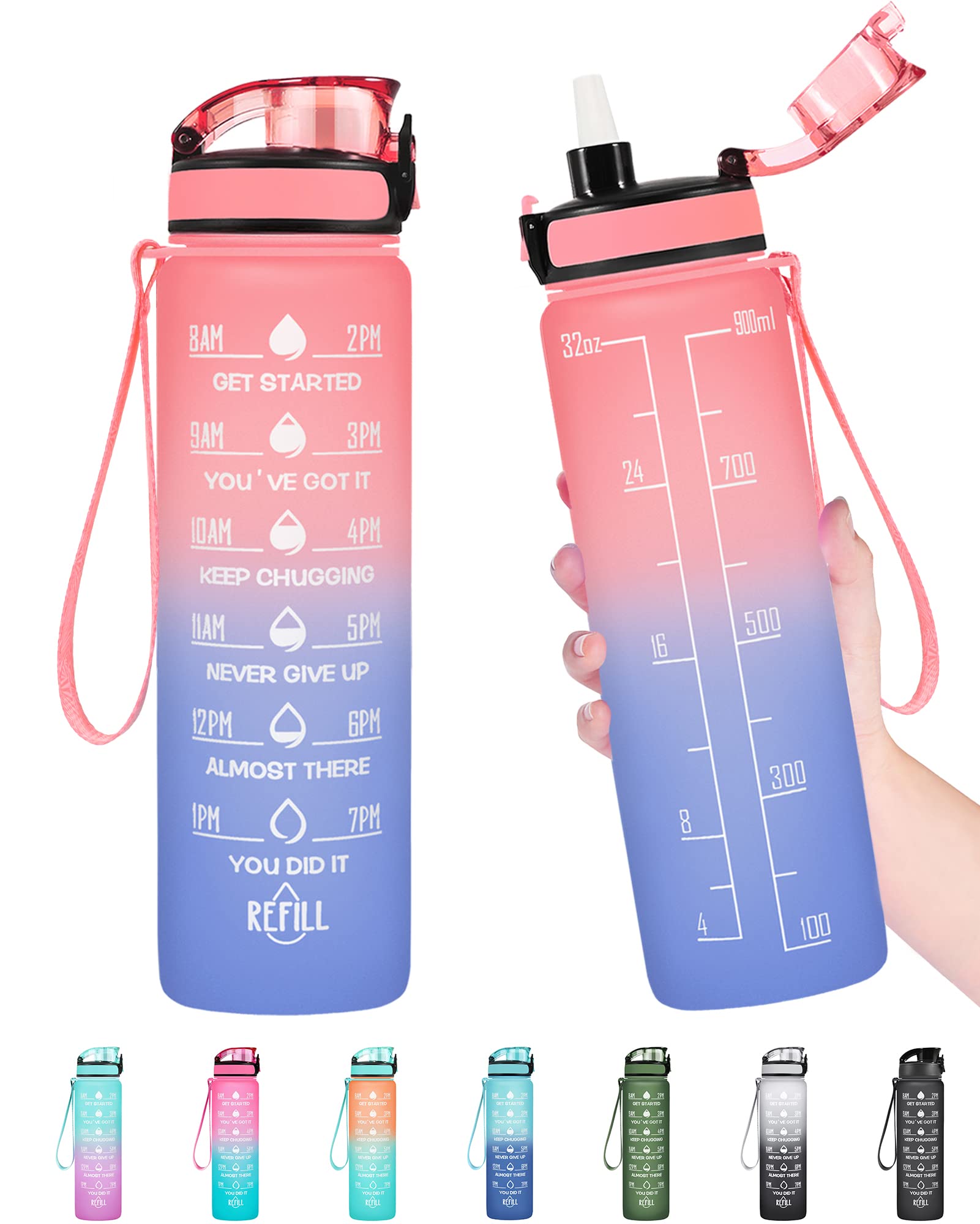 Enerbone 32oz Leakproof Water Bottle with Straw - BPA Free & Non-Toxic Motivational Time Markings - Perfect for Gym, Hiking, Office & Outdoor Sports - Includes Carrying Strap for Convenience