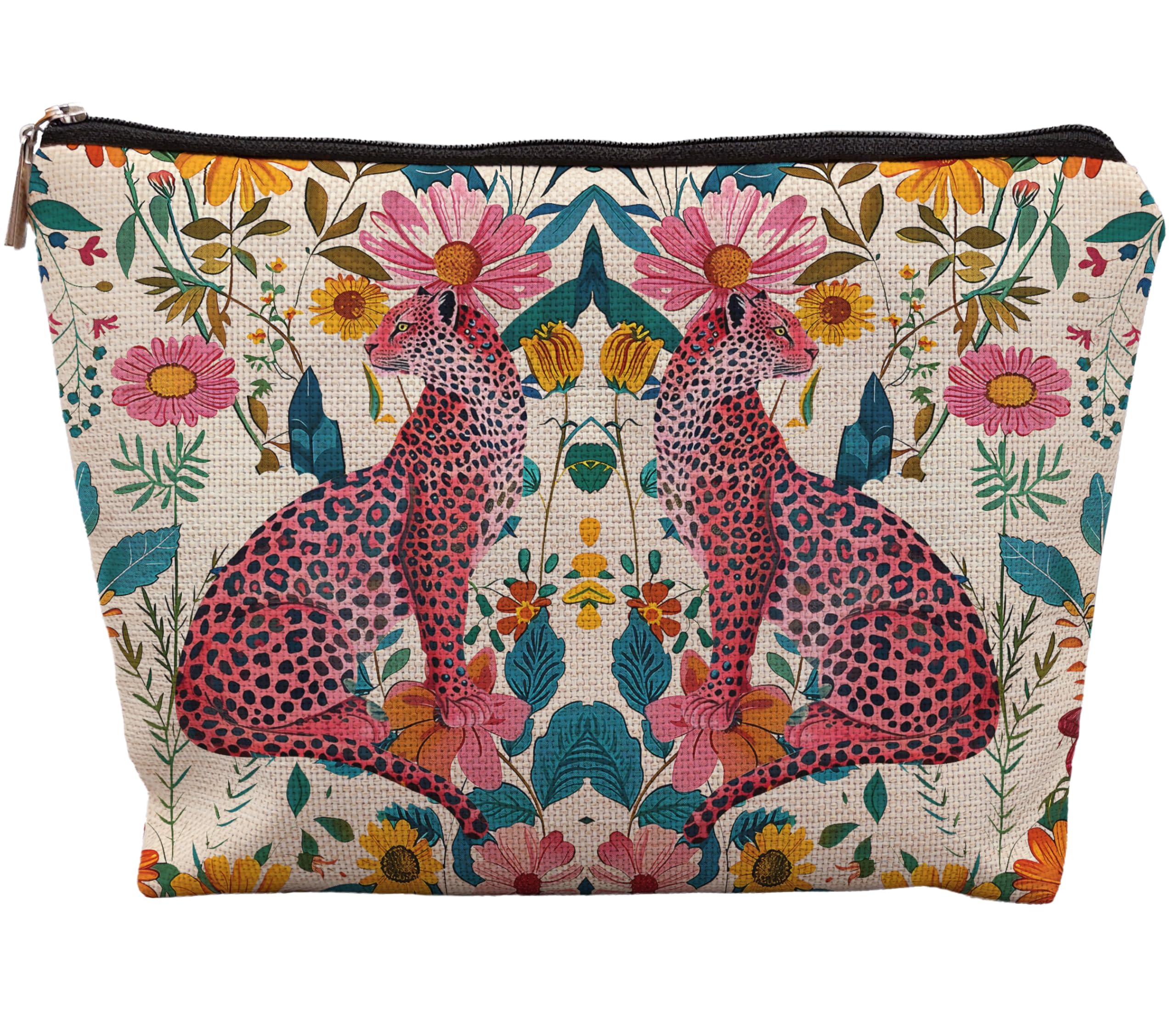 Floral Leopard Print Makeup Bag - Hot Pink Preppy Cheetah Cosmetic Pouch for Women | Perfect for Travel, Gym & Everyday Use