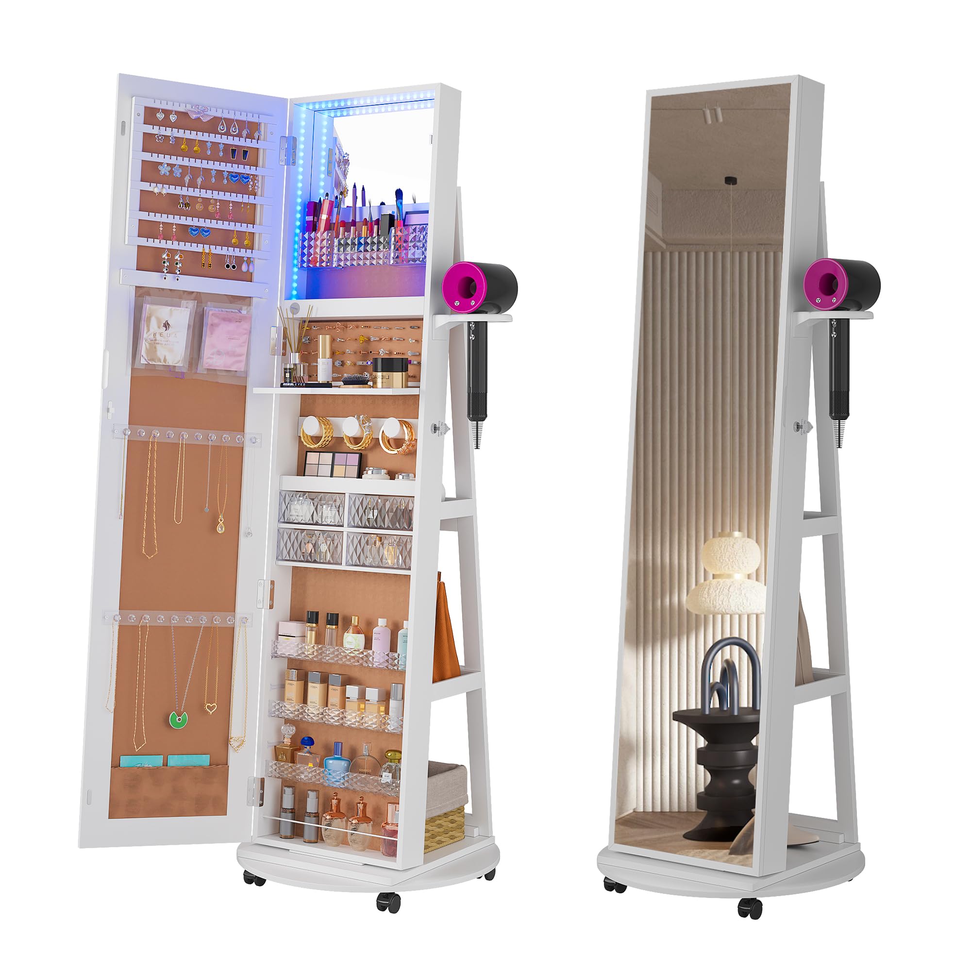 360° Swivel Jewelry Armoire with LED Mirror & Lockable Wheels - Full Length Standing Mirror Jewelry Cabinet with Foldable Makeup Shelf & Storage Organizer (White) - Perfect for Bedroom, Dressing Room & Closet Organization