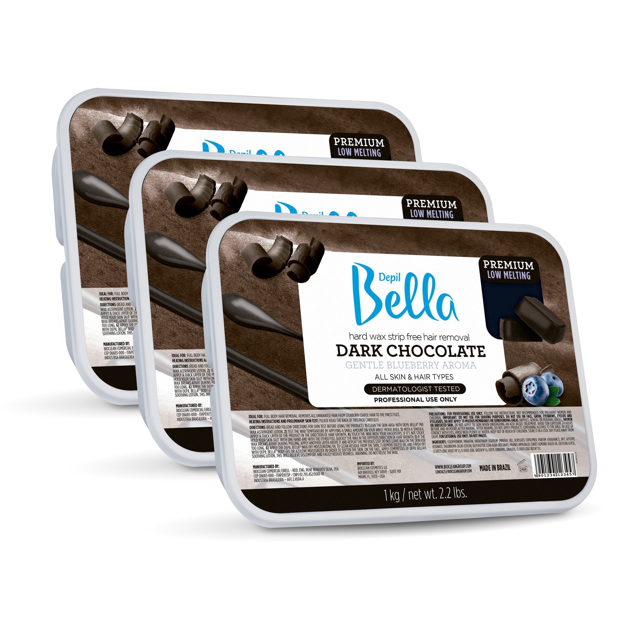 Depil Bella Elastic Hard Wax Hair Removal Kit - Dark Chocolate Blueberry Scented Wax (2.2 Lbs, 3 Units) for Legs, Arms, Bikini & Facial Hair - Professional At-Home Waxing Solution
