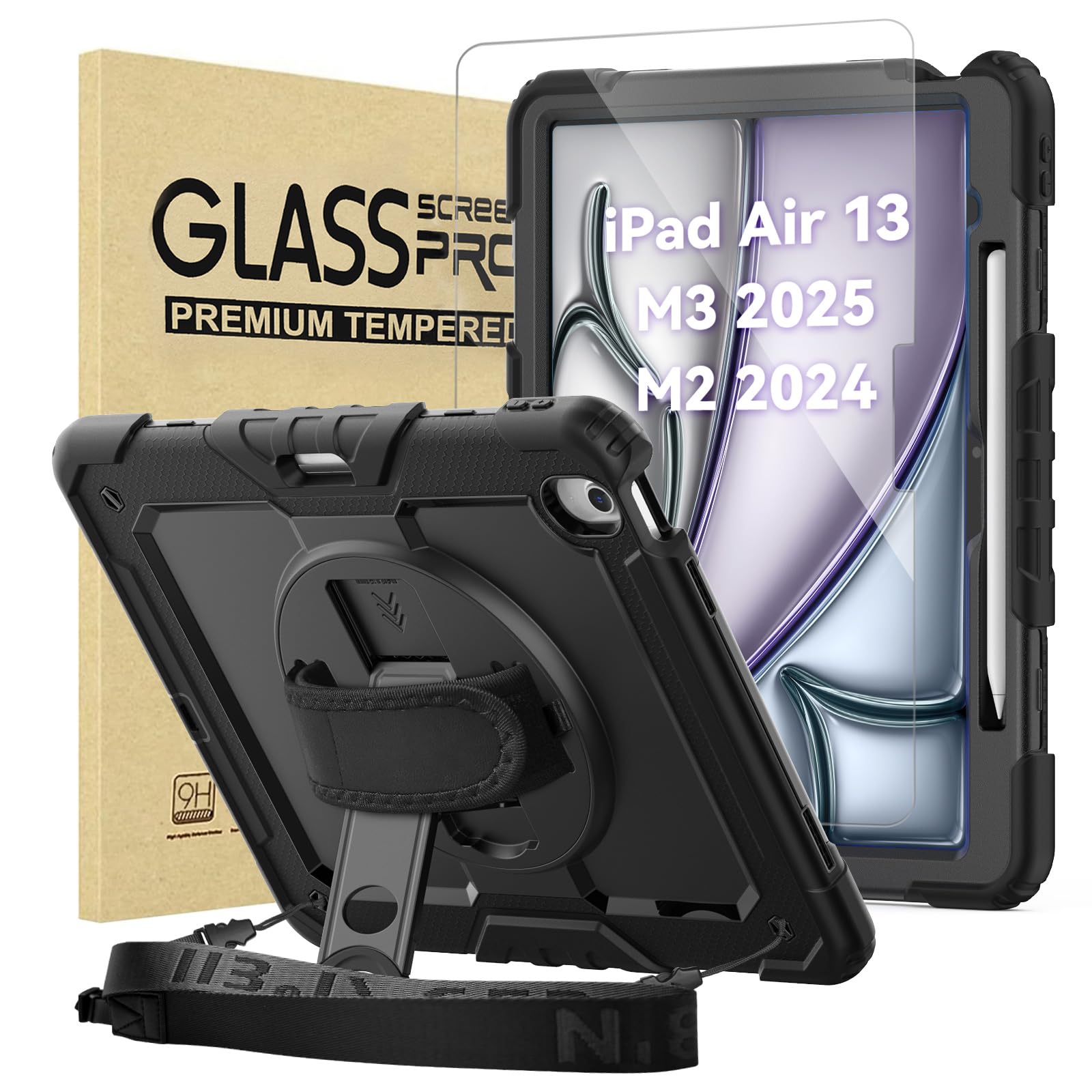 BLOSOMEET Rugged Protective Case for iPad Air 13 Inch (2024/2025 M2 & M3 Models) with Tempered Glass Screen Protector, Pencil Holder, Stand & Adjustable Hand/Shoulder Strap - Perfect for Work, Travel & Outdoor Use (Black)