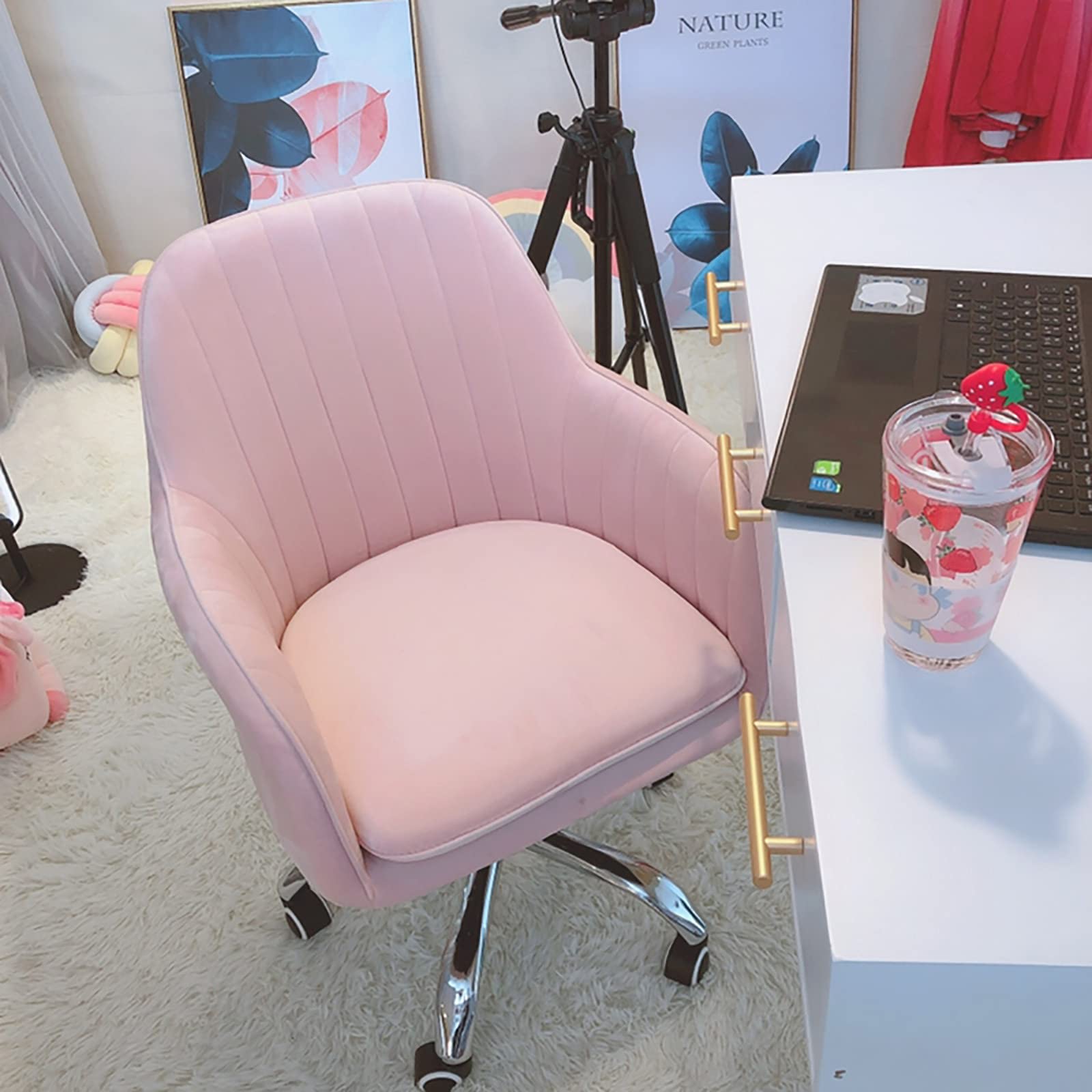 Ergonomic Velvet Swivel Office Chair - Adjustable Height, Tufted Mid-Back Design for Home & Executive Desks - Pink (54x54x78-88cm / 21x21x31-35