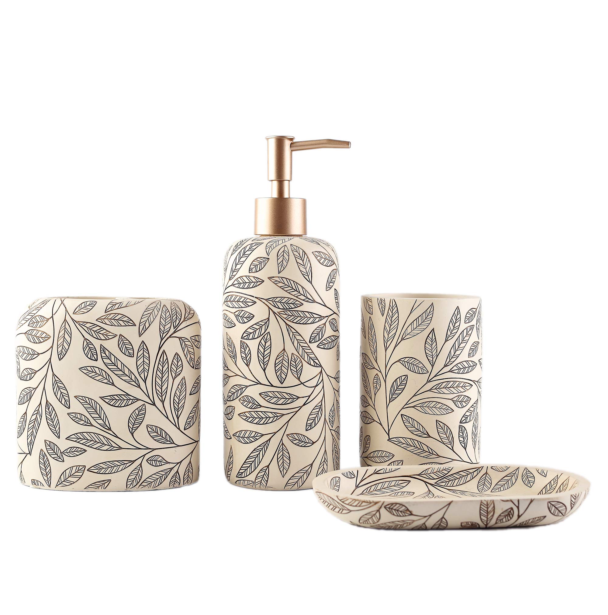 Hymmah 4-Piece Farmhouse Bathroom Accessories Set - Resin Toothbrush Holder, Soap Dispenser, Soap Dish & Tumbler | Rustic Apartment Decor Essentials | Perfect for Guest Bathrooms, Small Spaces & Housewarming Gifts