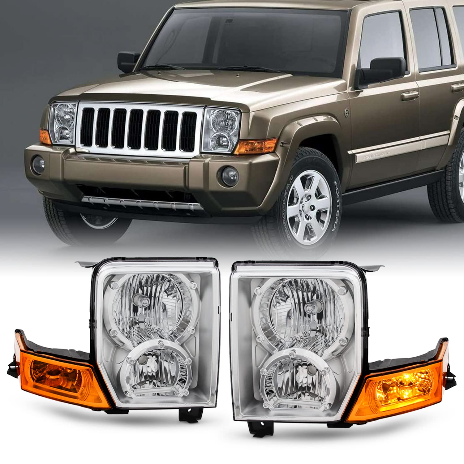 AKKON Chrome Headlights with Amber Signal for 2006-2010 Jeep Commander SUV - Pair Replacement (Driver & Passenger Side) | Durable Lighting Upgrade for Off-Road Adventures & Night Driving