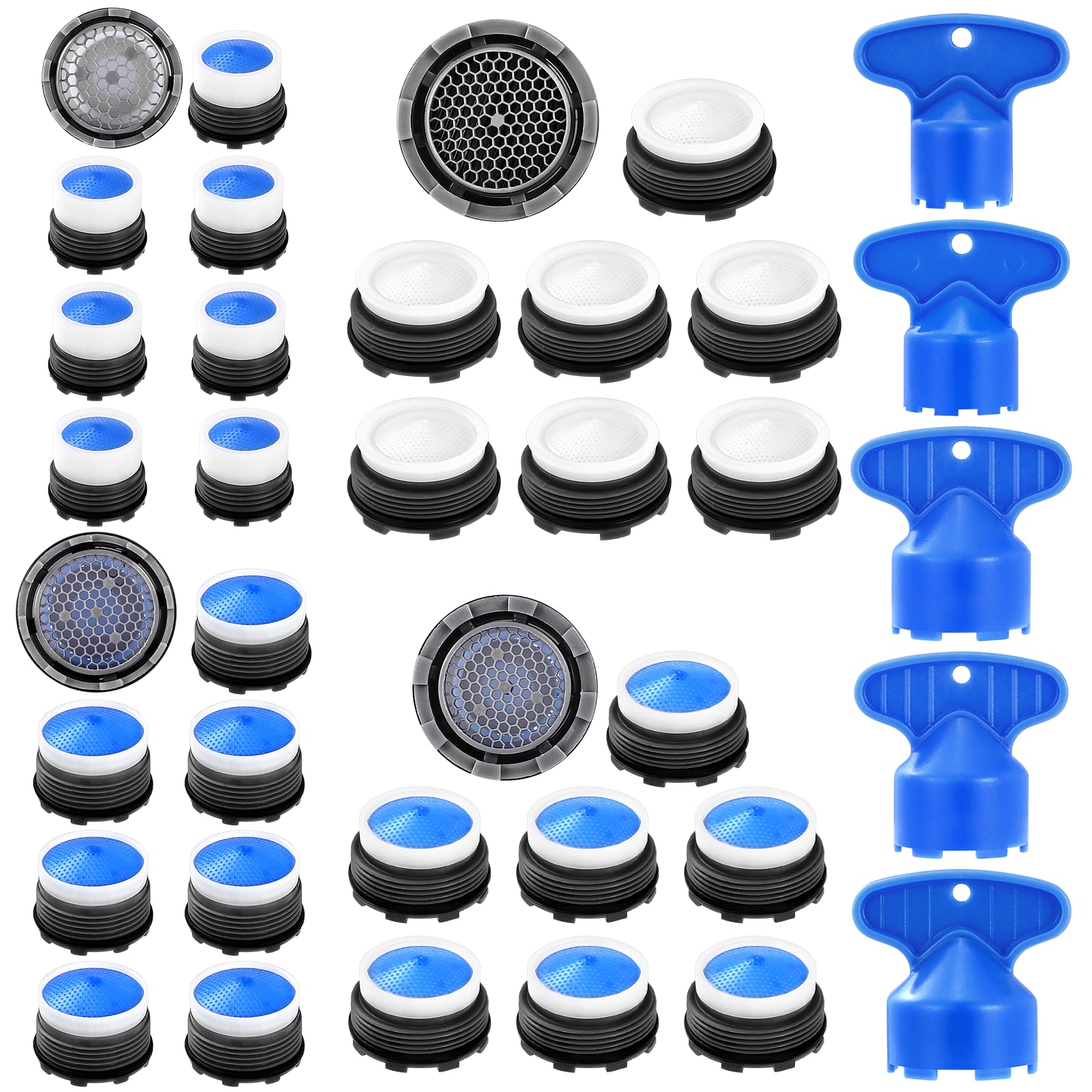 28-Piece Faucet Aerator Kit with 5 Aerator Keys - M16.5, 18.5, 21.5, 24mm Replacement Inserts for Bathroom & Kitchen Sinks - Universal Fit for Water Saving & Splash Prevention